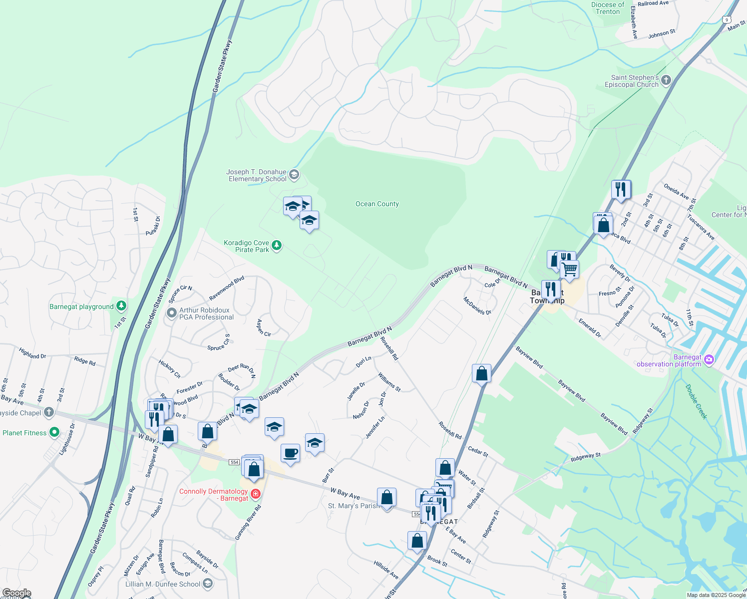 map of restaurants, bars, coffee shops, grocery stores, and more near 153 Vivas Drive in Barnegat Township