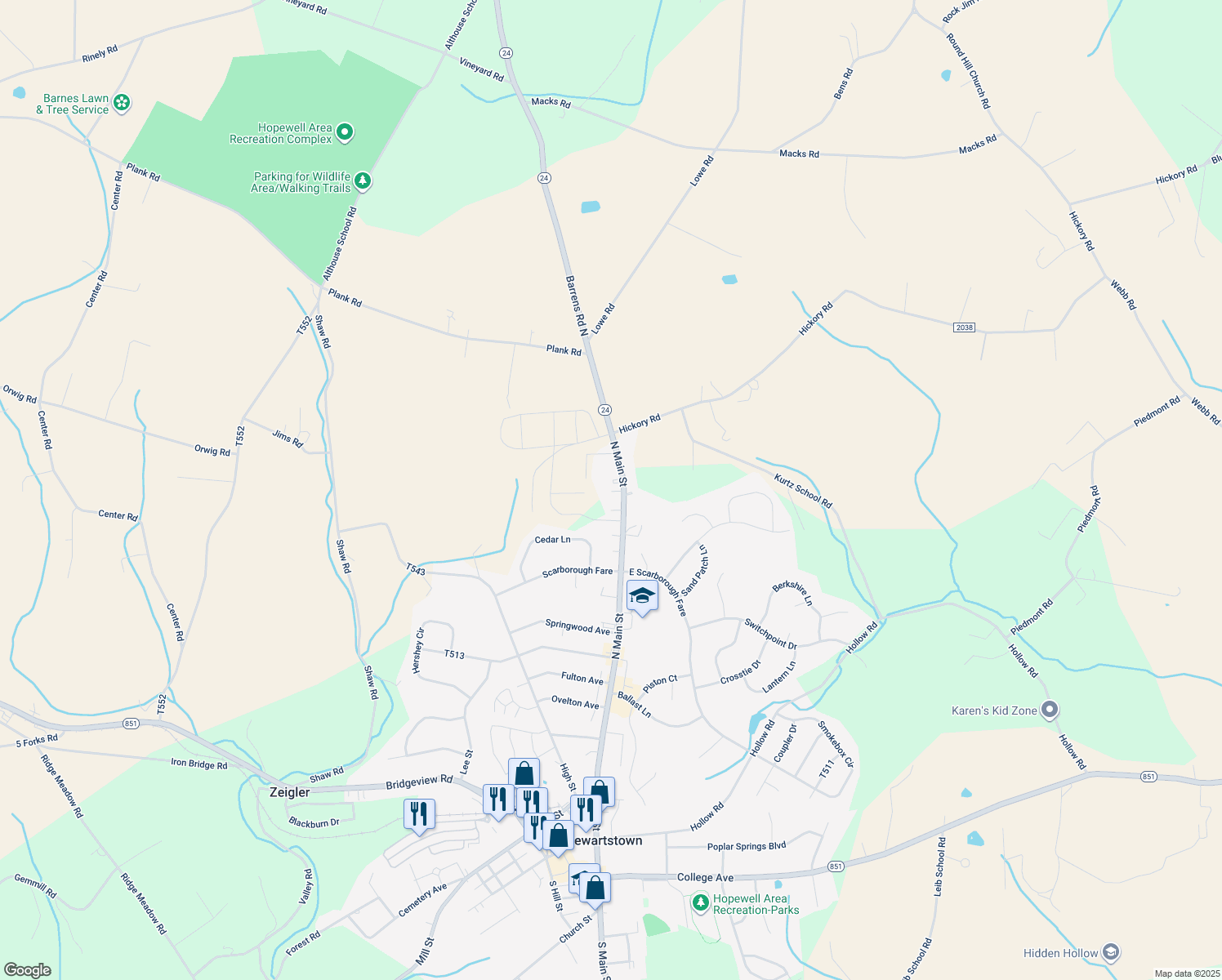 map of restaurants, bars, coffee shops, grocery stores, and more near 17560 Barrens Road North in Stewartstown