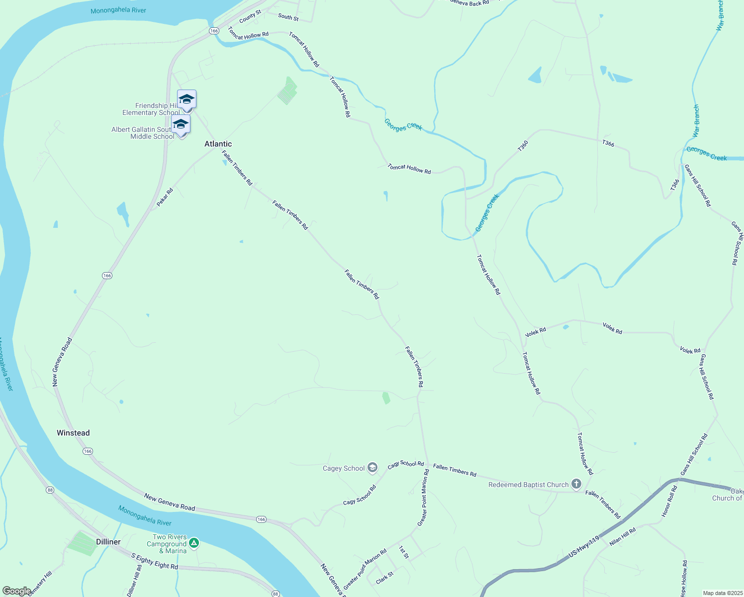map of restaurants, bars, coffee shops, grocery stores, and more near 457 Fallen Timbers Road in Point Marion