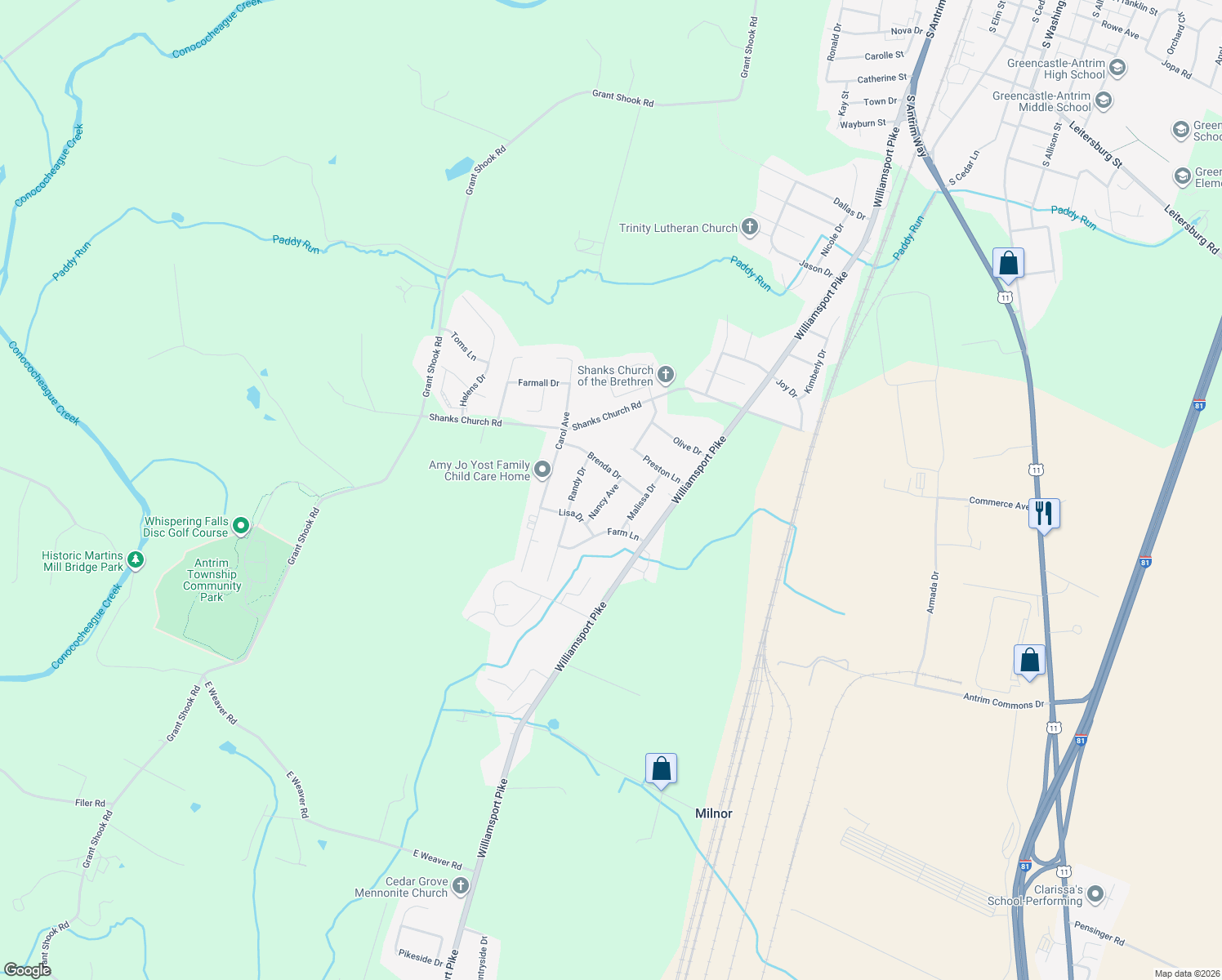 map of restaurants, bars, coffee shops, grocery stores, and more near 12249 Nancy Avenue in Greencastle
