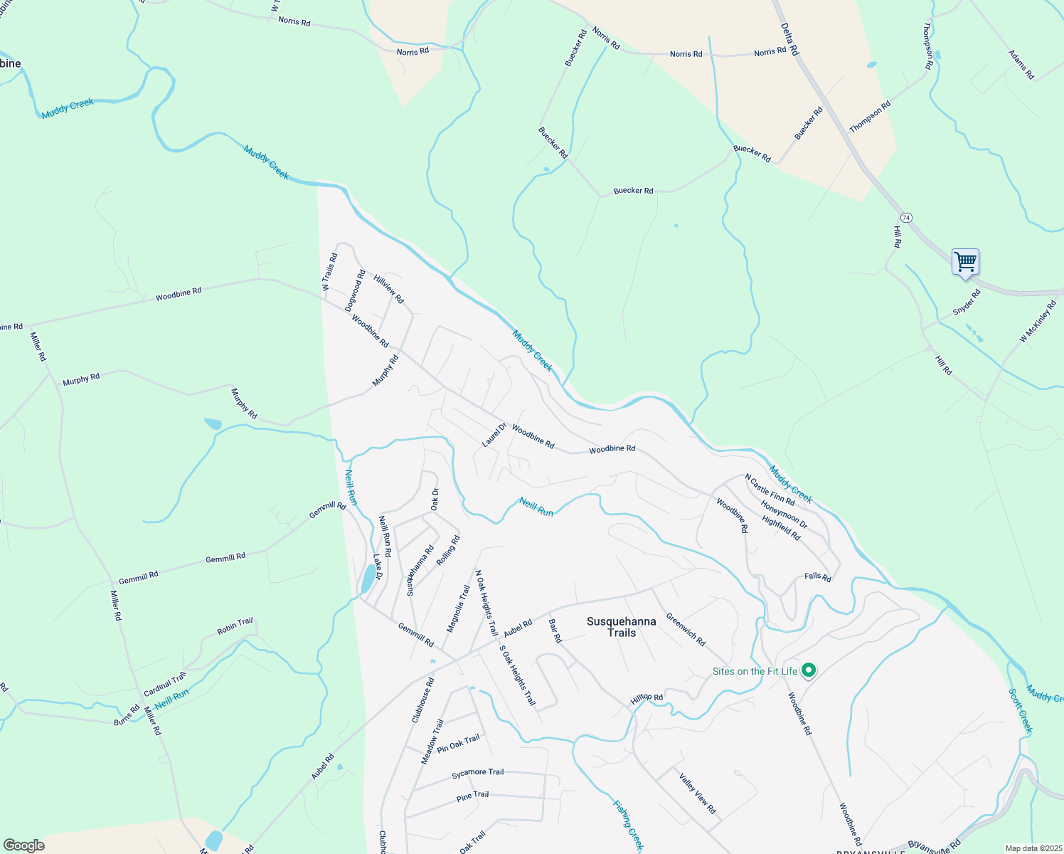 map of restaurants, bars, coffee shops, grocery stores, and more near 7734 Woodbine Rd in Airville
