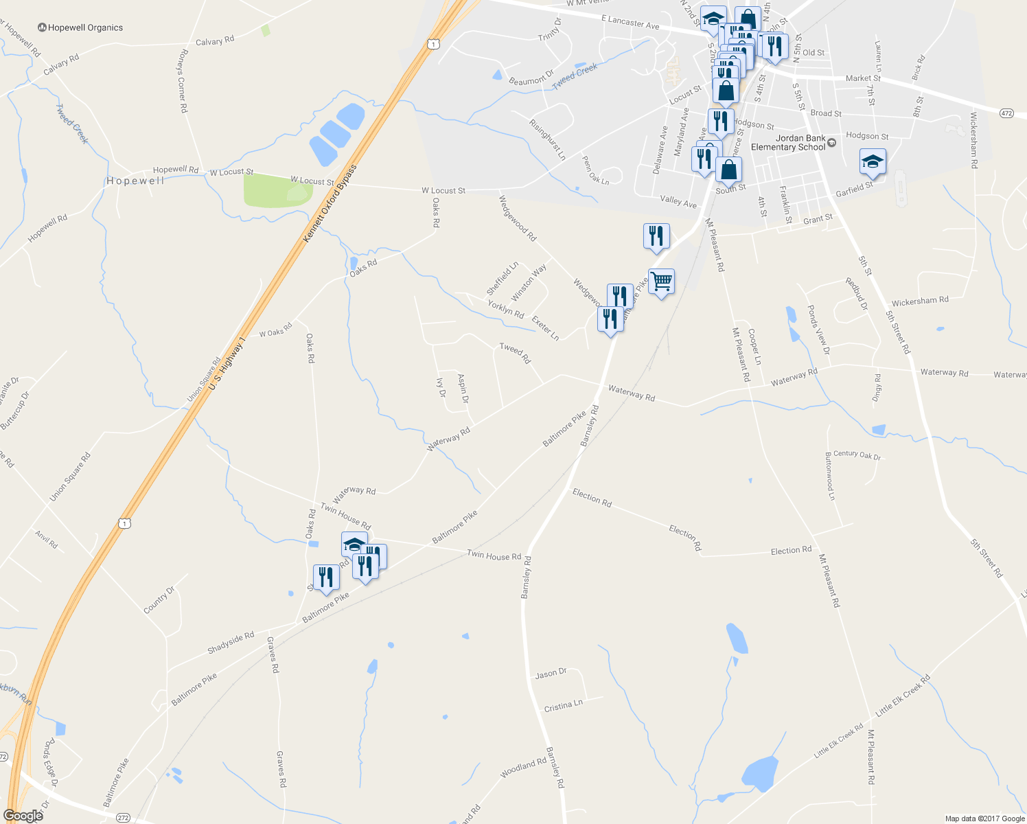 map of restaurants, bars, coffee shops, grocery stores, and more near 258 Waterway Road in Oxford