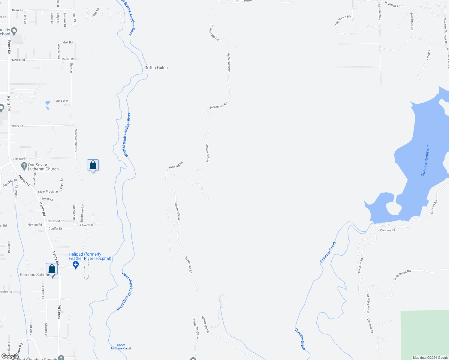 map of restaurants, bars, coffee shops, grocery stores, and more near 13308 Jordan Hill Road in Oroville