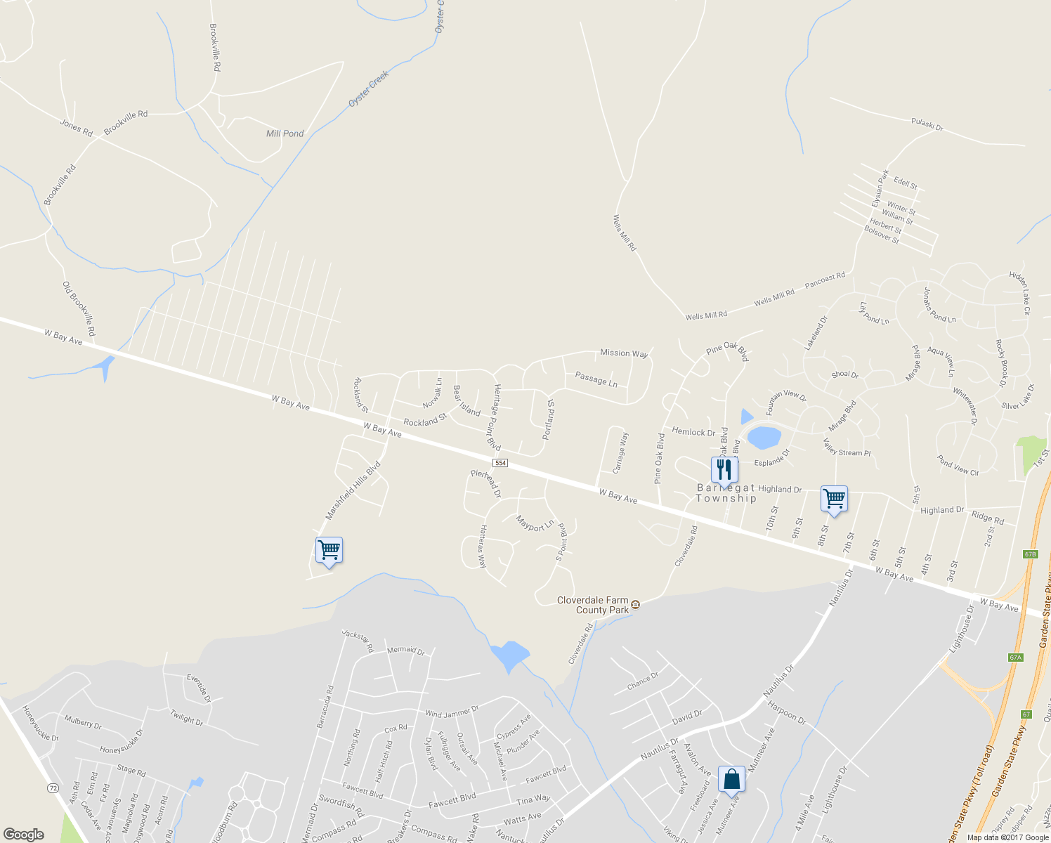 map of restaurants, bars, coffee shops, grocery stores, and more near 11 Sanibel Lane in Barnegat Township
