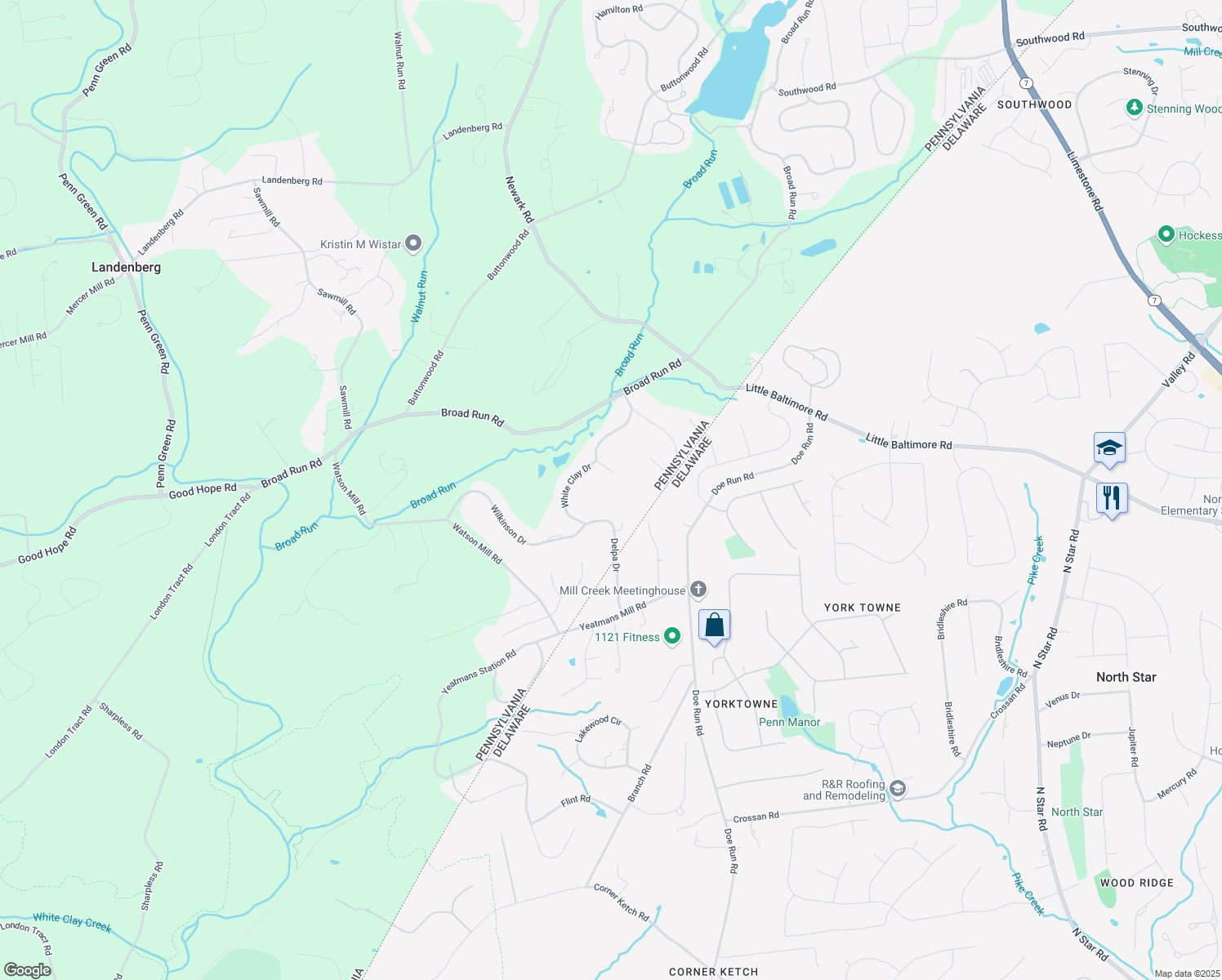 map of restaurants, bars, coffee shops, grocery stores, and more near 6 Briarwood Court in Landenberg