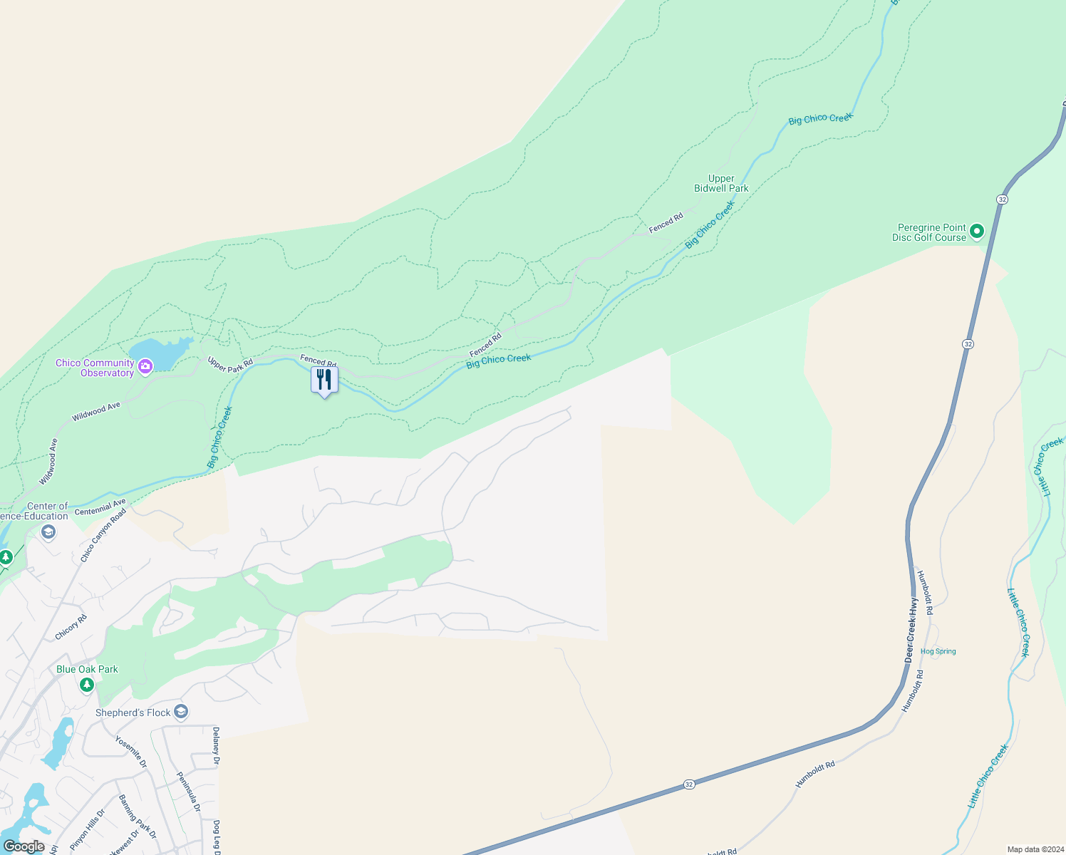 map of restaurants, bars, coffee shops, grocery stores, and more near 869 Whispering Winds Lane in Chico