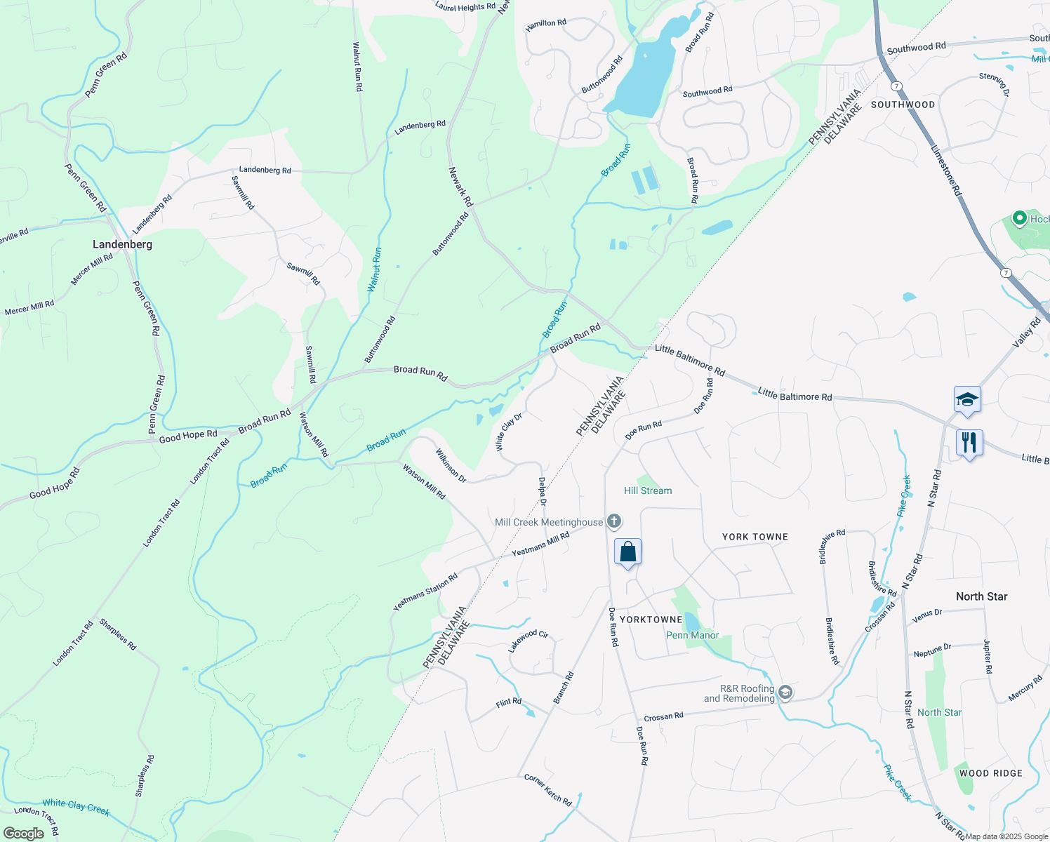 map of restaurants, bars, coffee shops, grocery stores, and more near 2 Briarwood Court in Landenberg