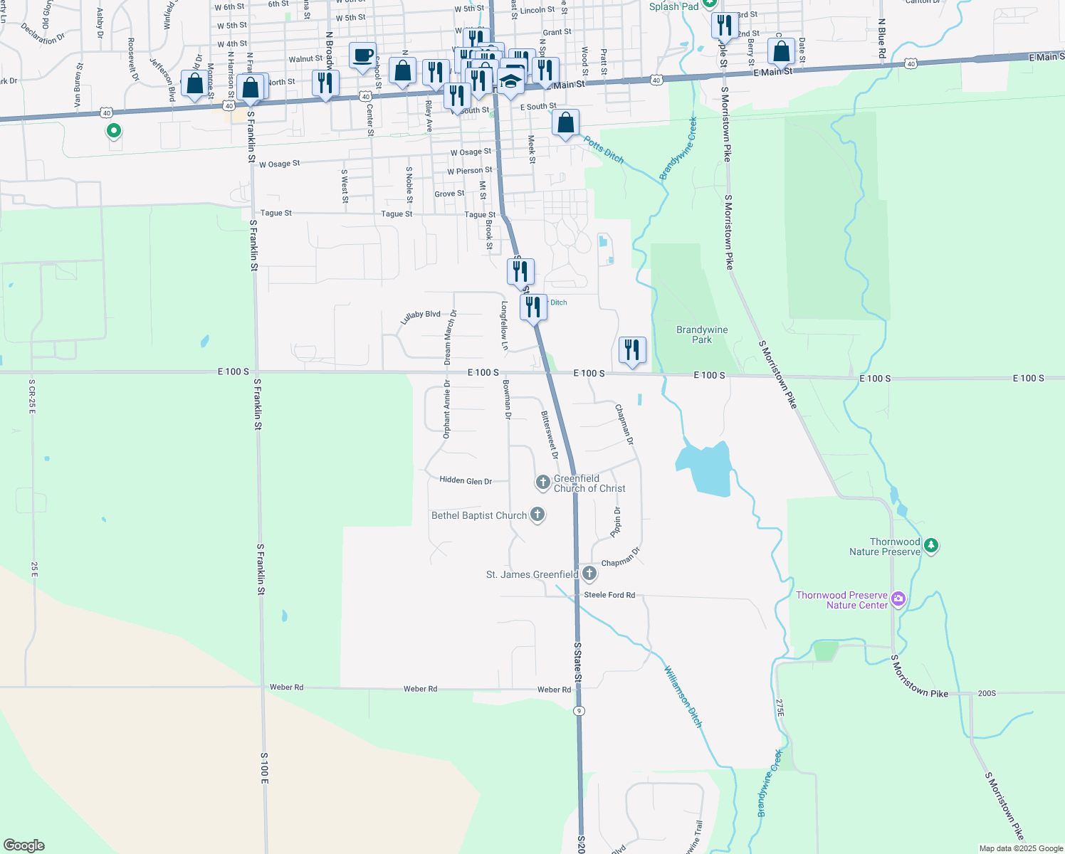 map of restaurants, bars, coffee shops, grocery stores, and more near 21 Bowman Court in Greenfield
