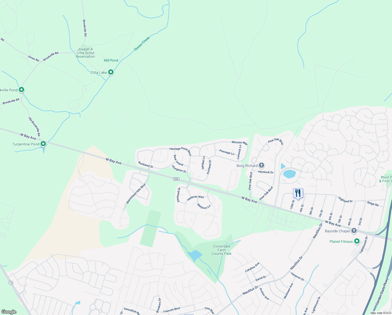 map of restaurants, bars, coffee shops, grocery stores, and more near 18 Mission Way in Barnegat Township