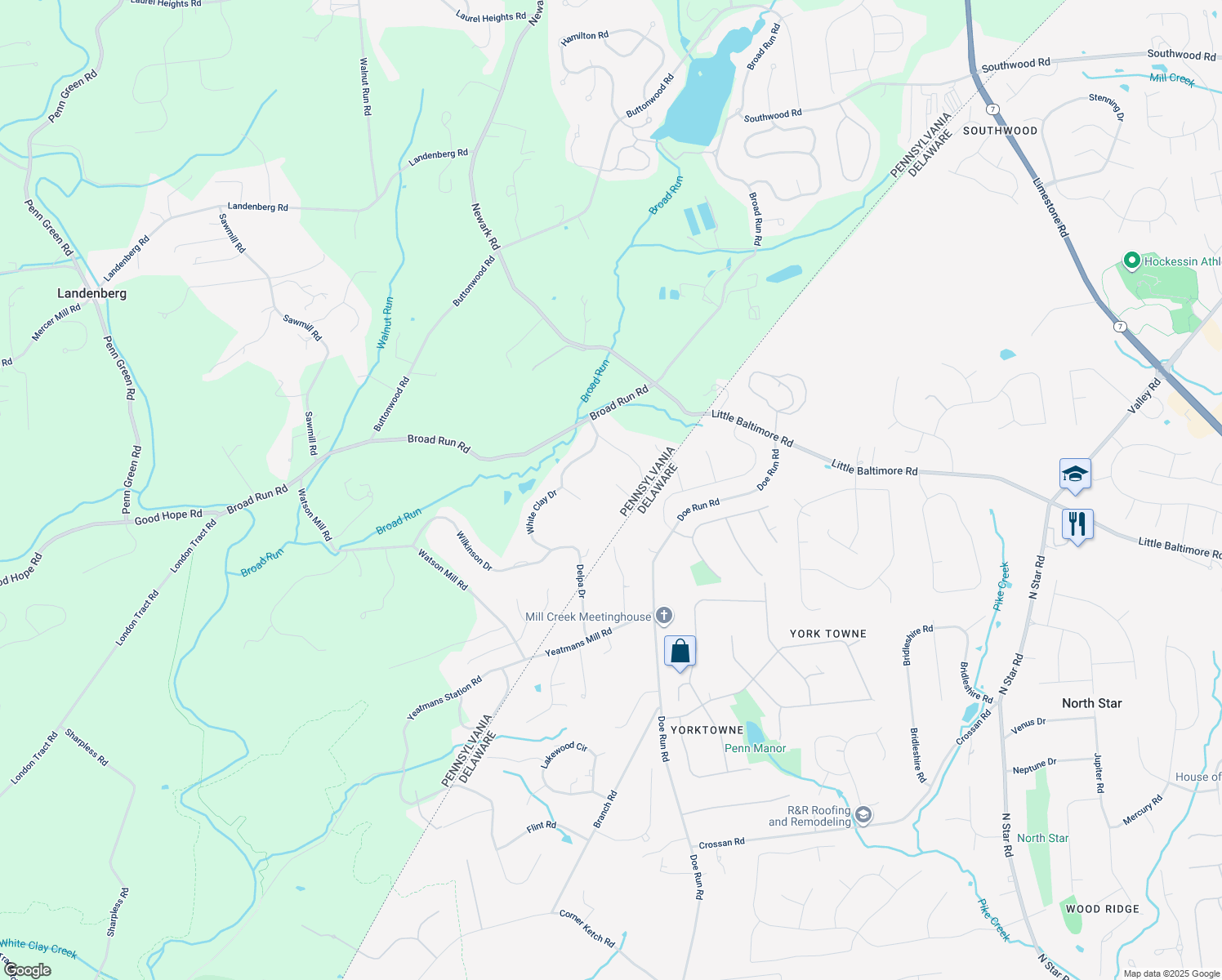map of restaurants, bars, coffee shops, grocery stores, and more near 122 Eden Road in Landenberg