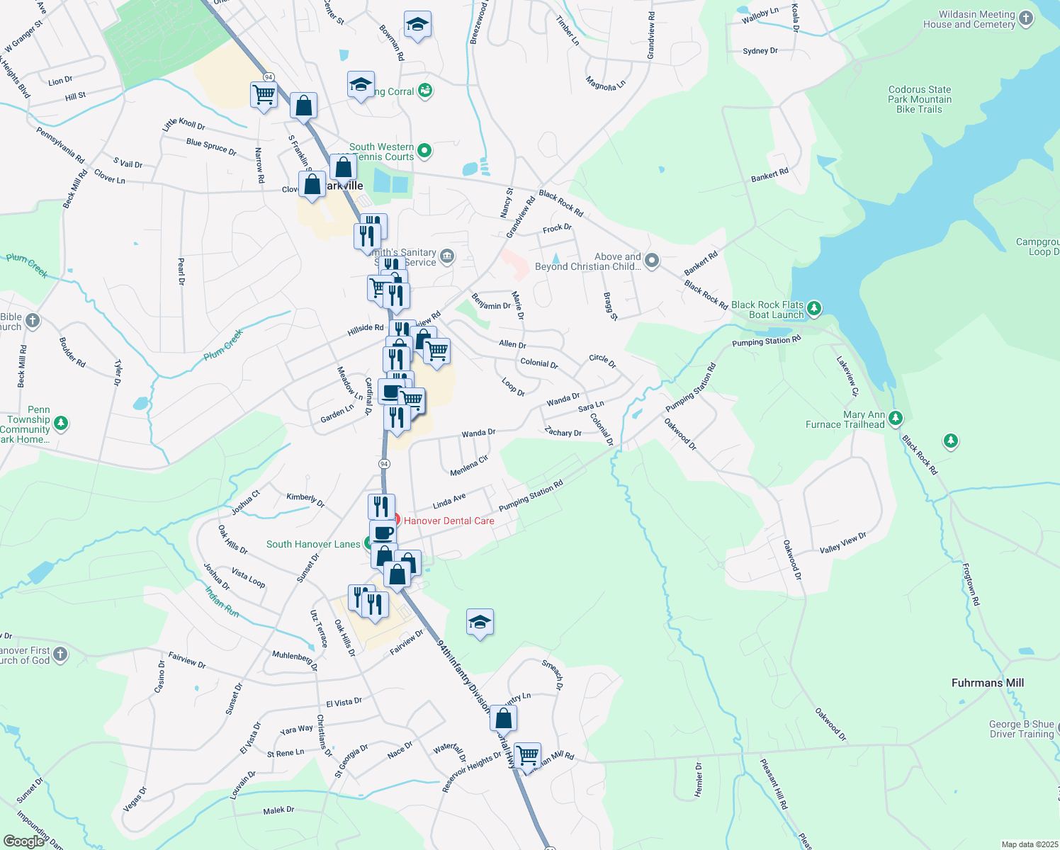 map of restaurants, bars, coffee shops, grocery stores, and more near 1384 Wanda Drive in Hanover