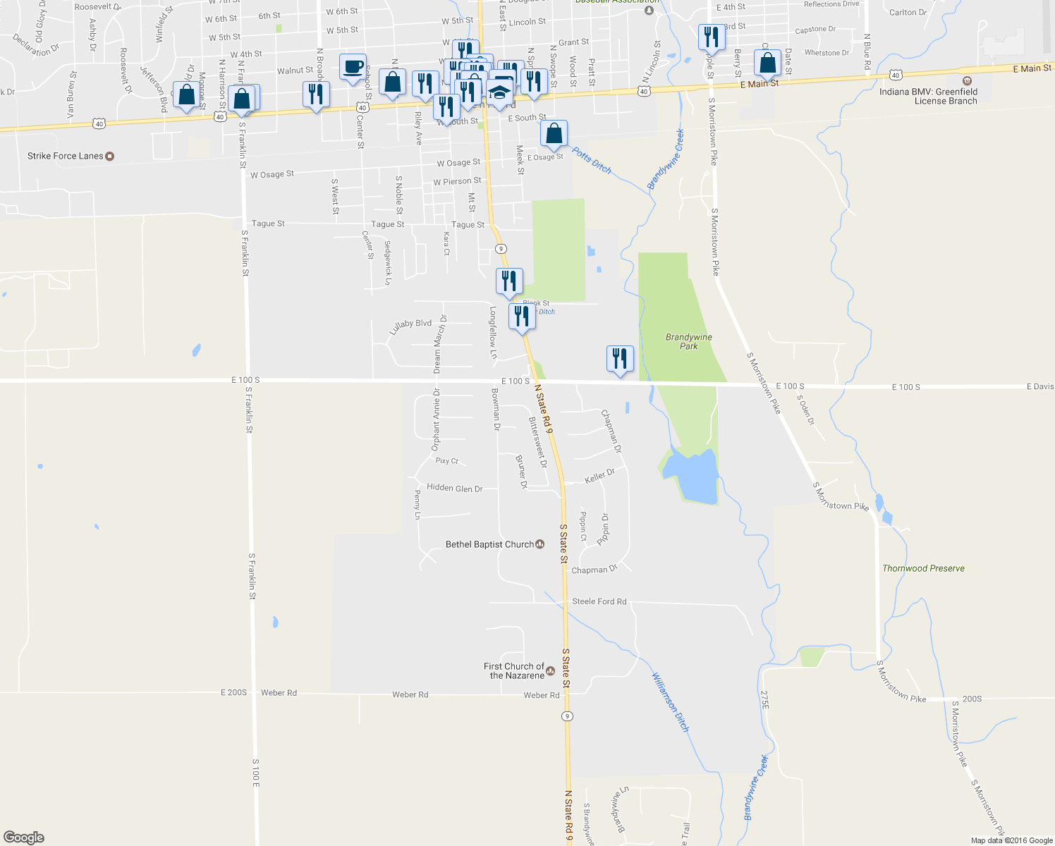 map of restaurants, bars, coffee shops, grocery stores, and more near 1320 Bittersweet Dr in Greenfield