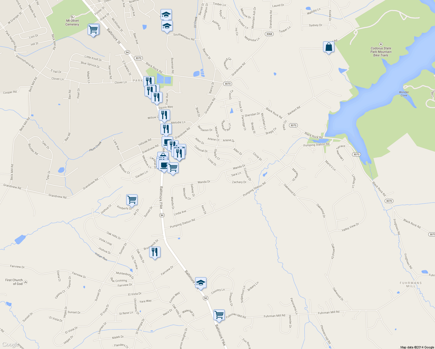 map of restaurants, bars, coffee shops, grocery stores, and more near 1383 Wanda Drive in Hanover