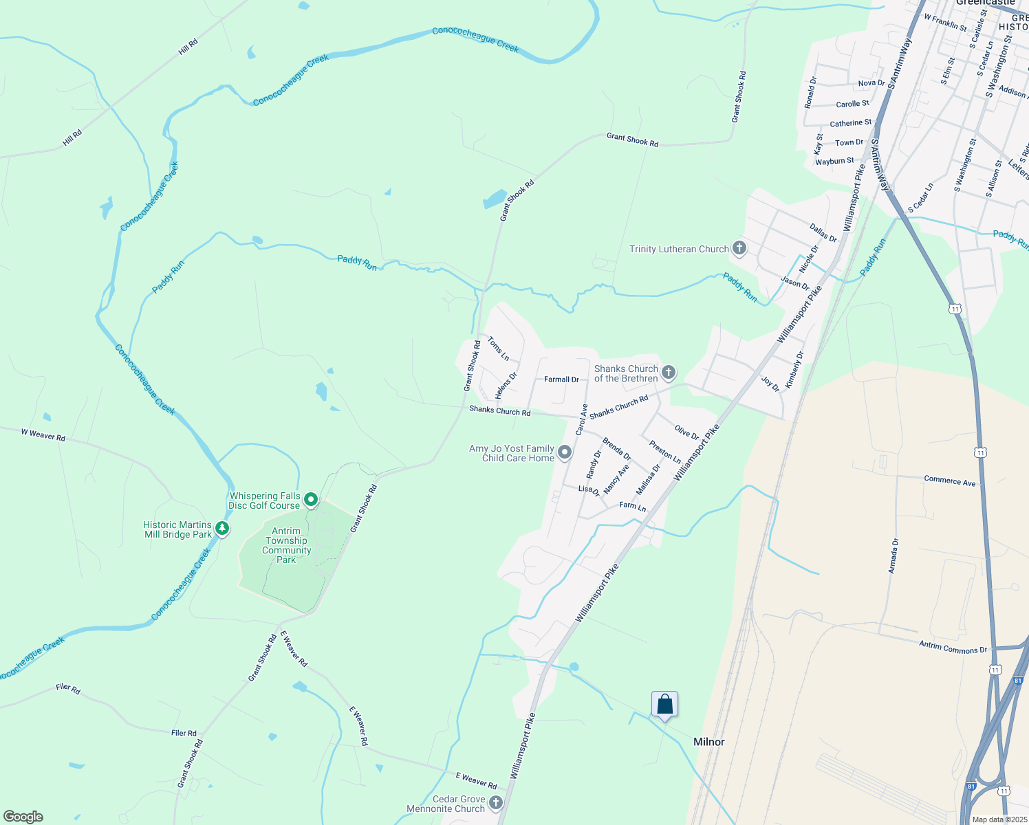 map of restaurants, bars, coffee shops, grocery stores, and more near 2256 Shanks Church Road in Greencastle
