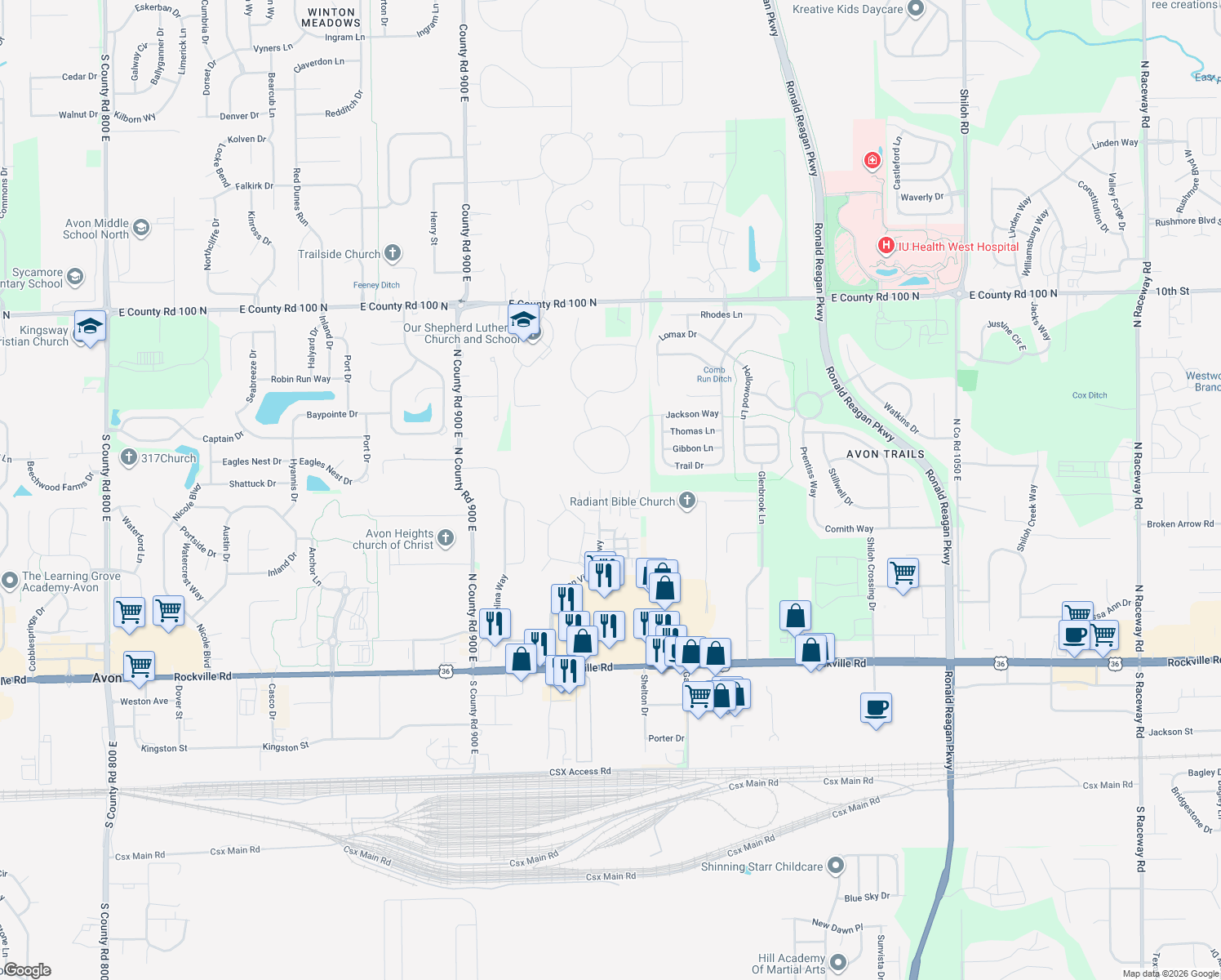 map of restaurants, bars, coffee shops, grocery stores, and more near 498 Creekwood Drive in Avon
