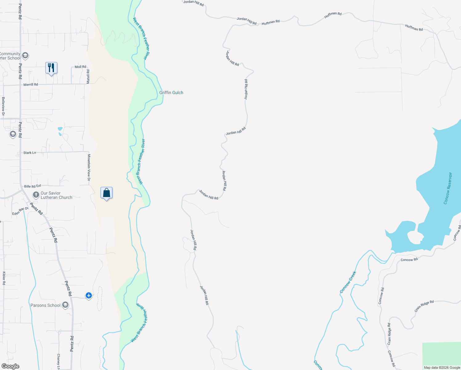 map of restaurants, bars, coffee shops, grocery stores, and more near 13308 Jordan Hill Road in Oroville