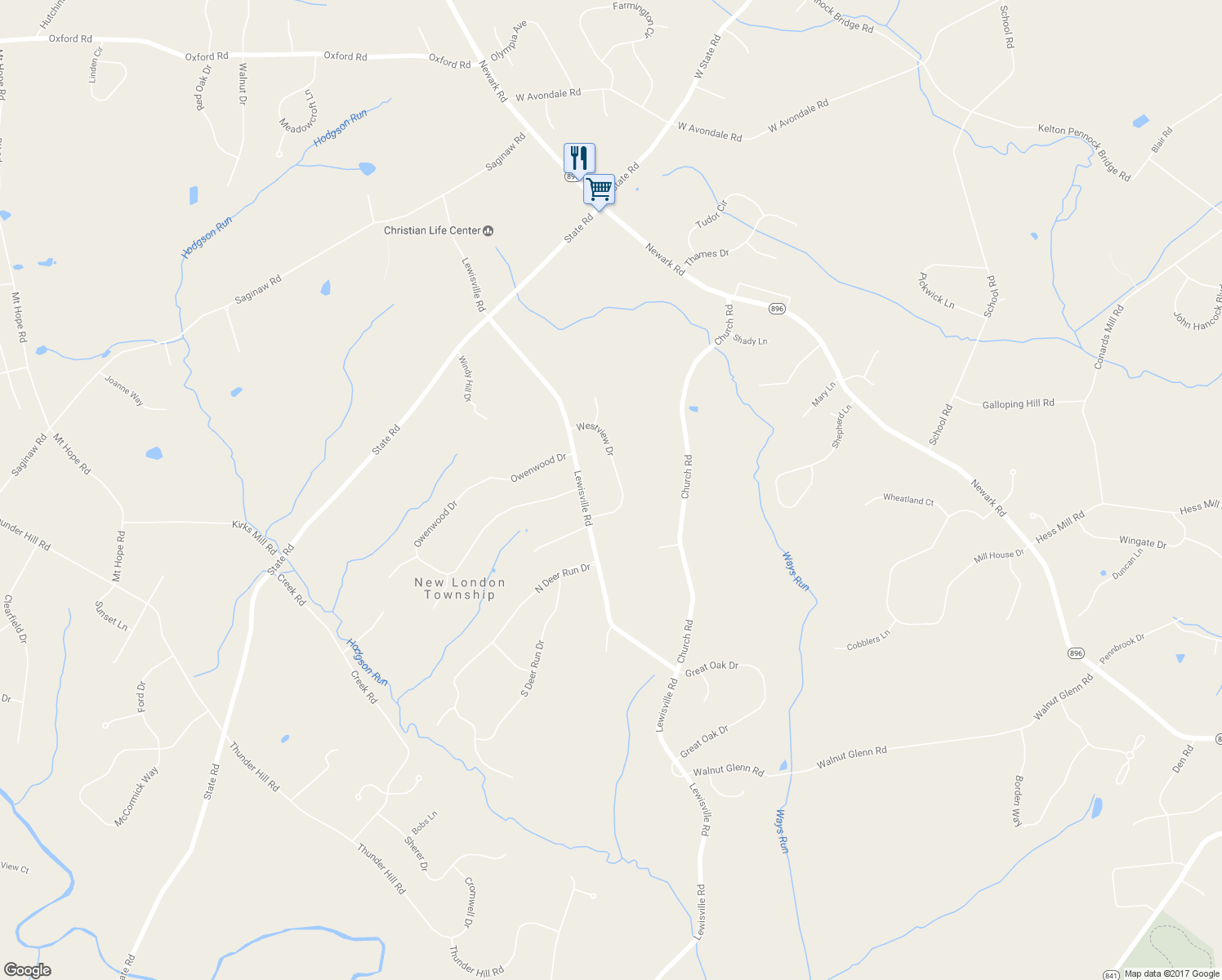 map of restaurants, bars, coffee shops, grocery stores, and more near 122 Westview Drive in Lincoln University