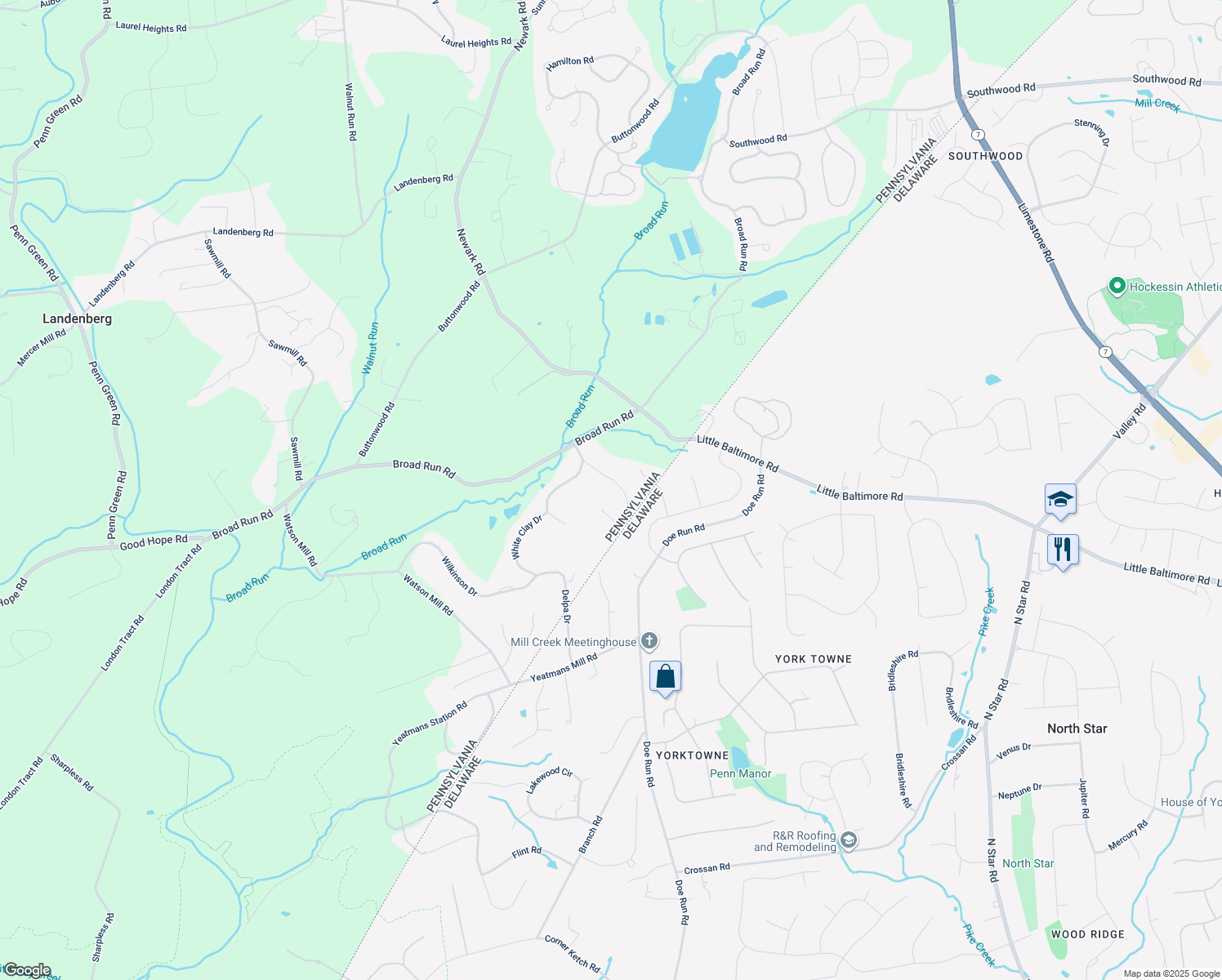 map of restaurants, bars, coffee shops, grocery stores, and more near 107 Eden Road in Landenberg