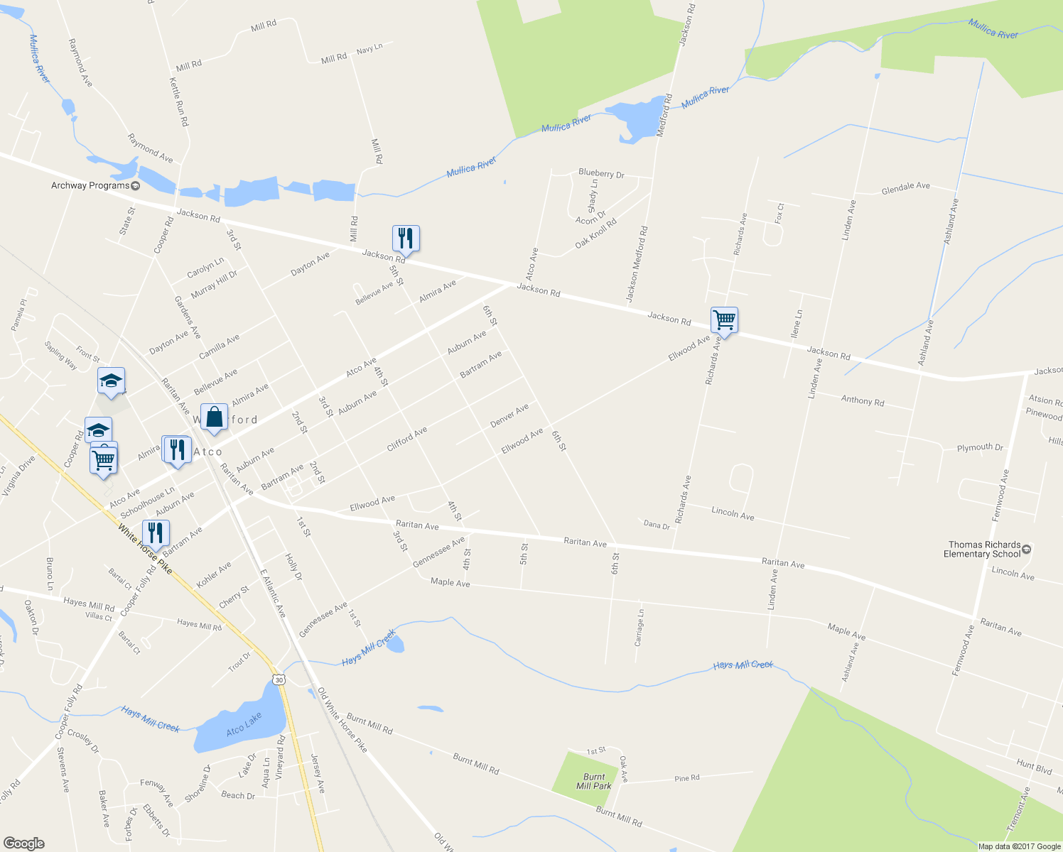 map of restaurants, bars, coffee shops, grocery stores, and more near 2341 Ellwood Avenue in Atco