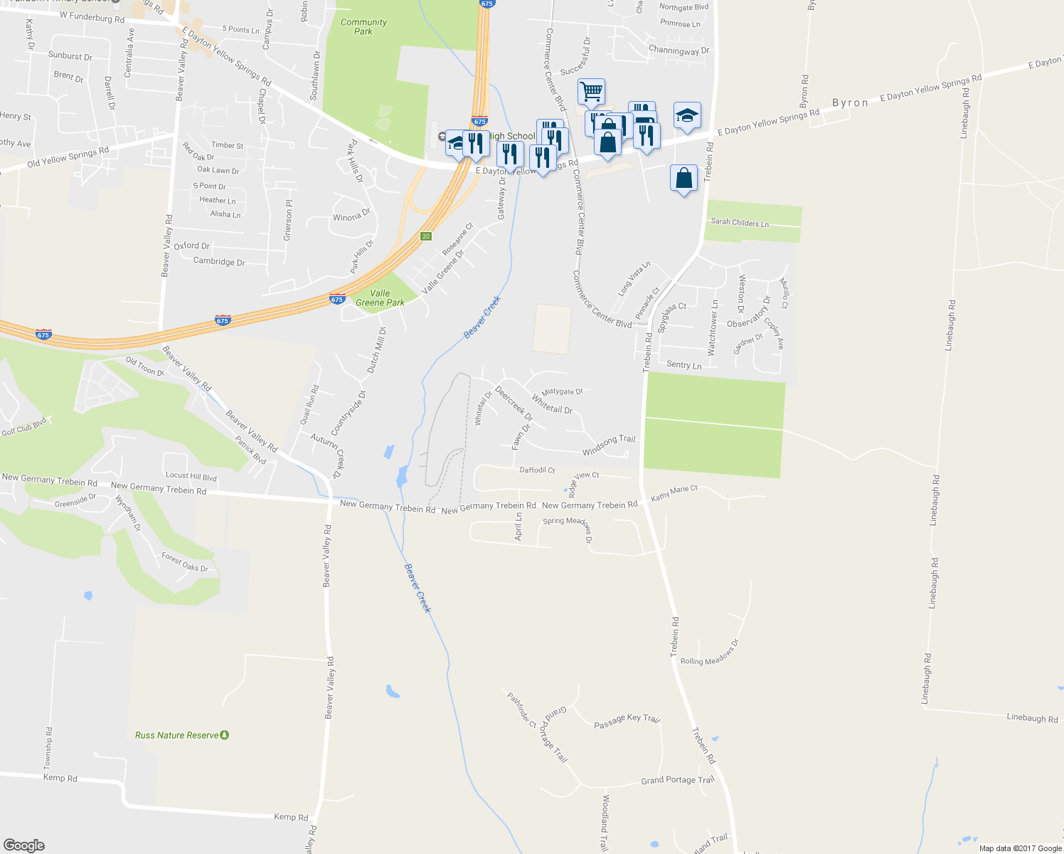 map of restaurants, bars, coffee shops, grocery stores, and more near 1136 Deercreek Drive in Fairborn