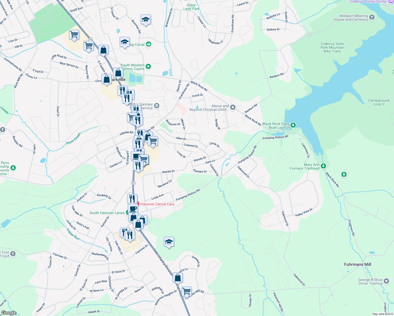 map of restaurants, bars, coffee shops, grocery stores, and more near 1311 Wanda Drive in Hanover