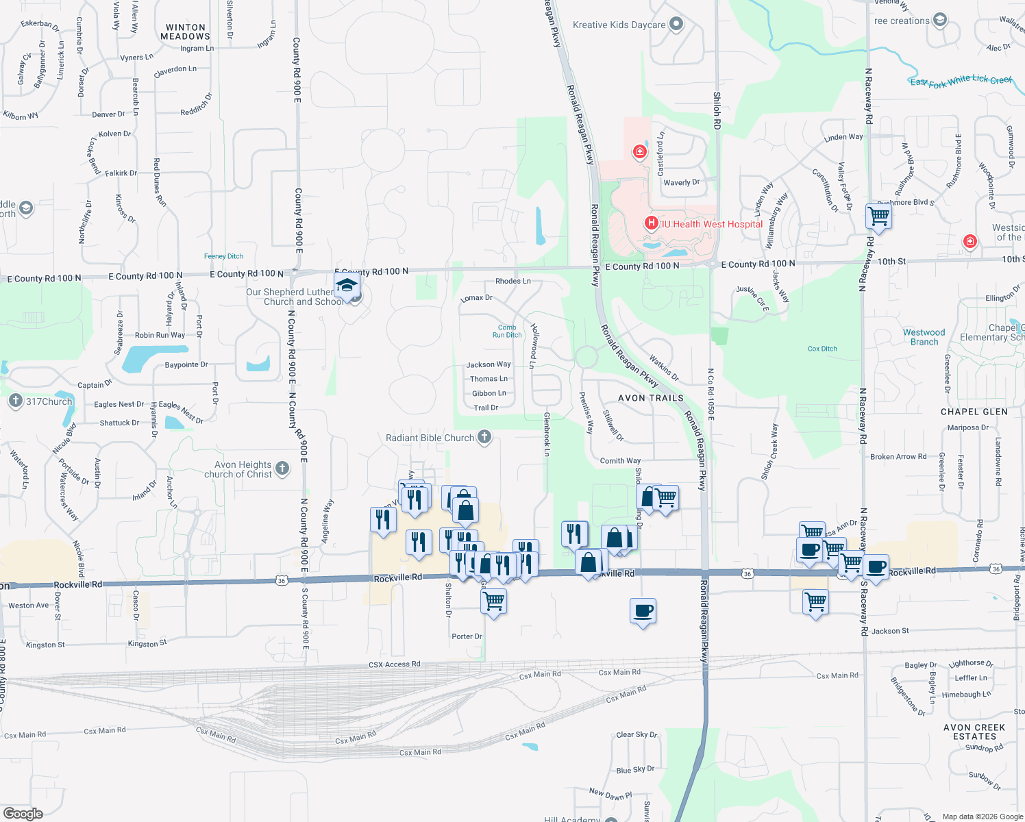 map of restaurants, bars, coffee shops, grocery stores, and more near 9803 Trail Drive in Avon