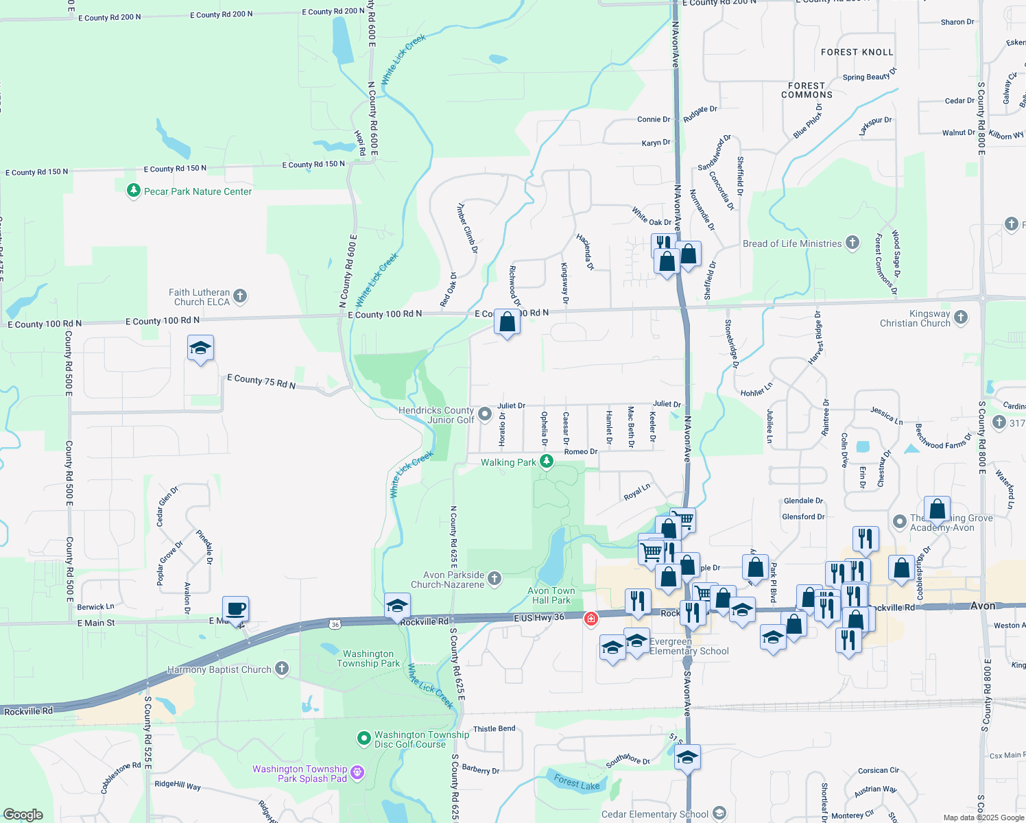 map of restaurants, bars, coffee shops, grocery stores, and more near 6393 Juliet Drive in Avon