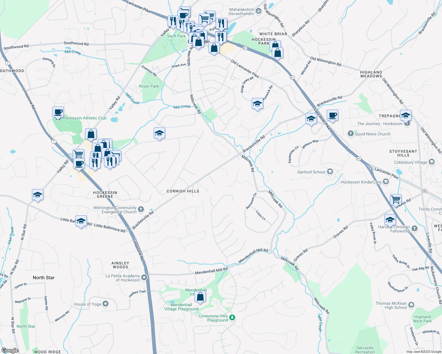 map of restaurants, bars, coffee shops, grocery stores, and more near 1719 Brackenville Road in Hockessin