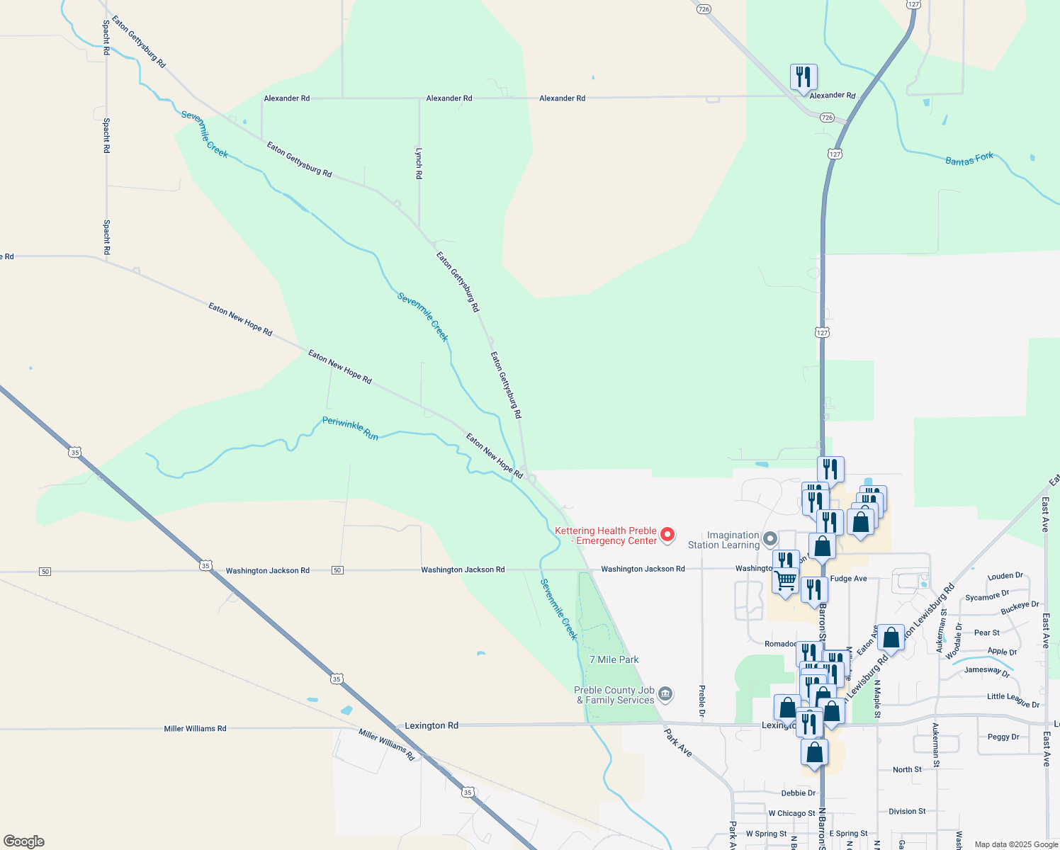 map of restaurants, bars, coffee shops, grocery stores, and more near 2336 Eaton Gettysburg Road in Eaton