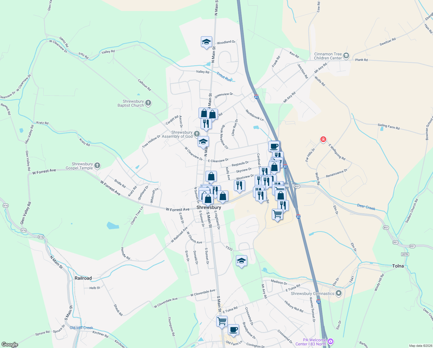map of restaurants, bars, coffee shops, grocery stores, and more near 91 Skyview Dr in Shrewsbury