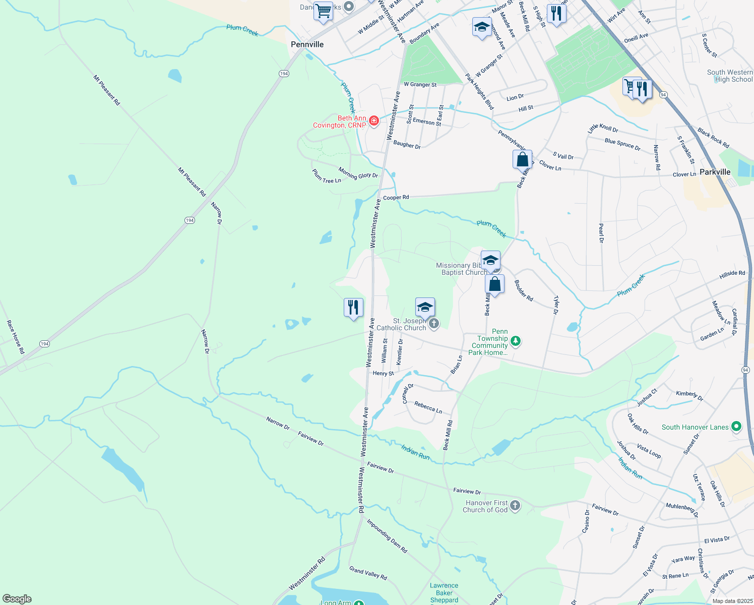 map of restaurants, bars, coffee shops, grocery stores, and more near 910 Westminster Avenue in Hanover