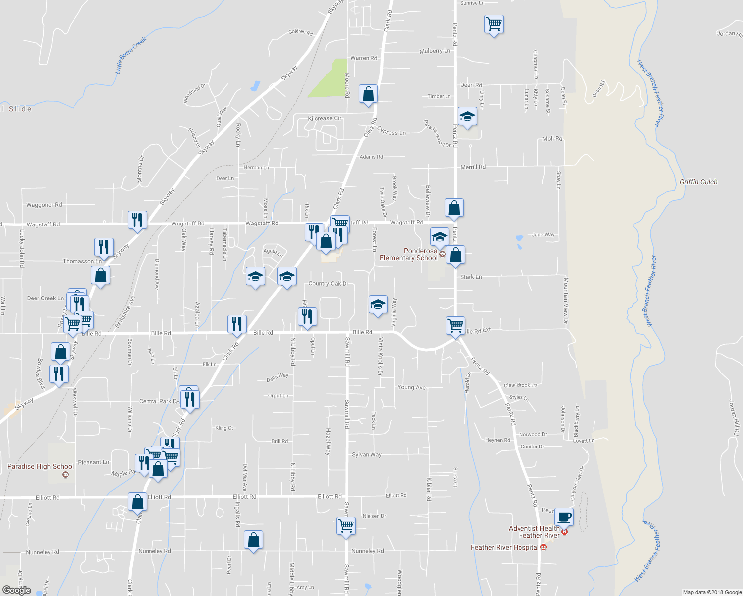 map of restaurants, bars, coffee shops, grocery stores, and more near 6250 Forest Lane in Paradise