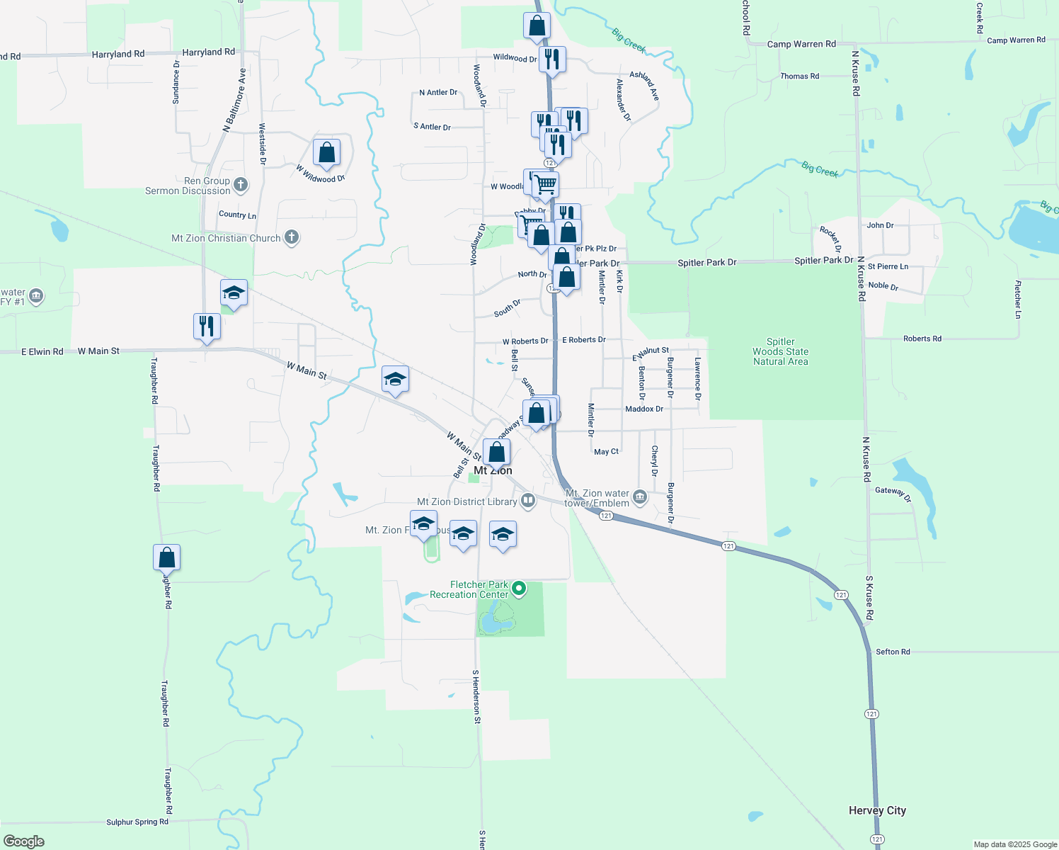 map of restaurants, bars, coffee shops, grocery stores, and more near 505 Sunset Drive in Mount Zion
