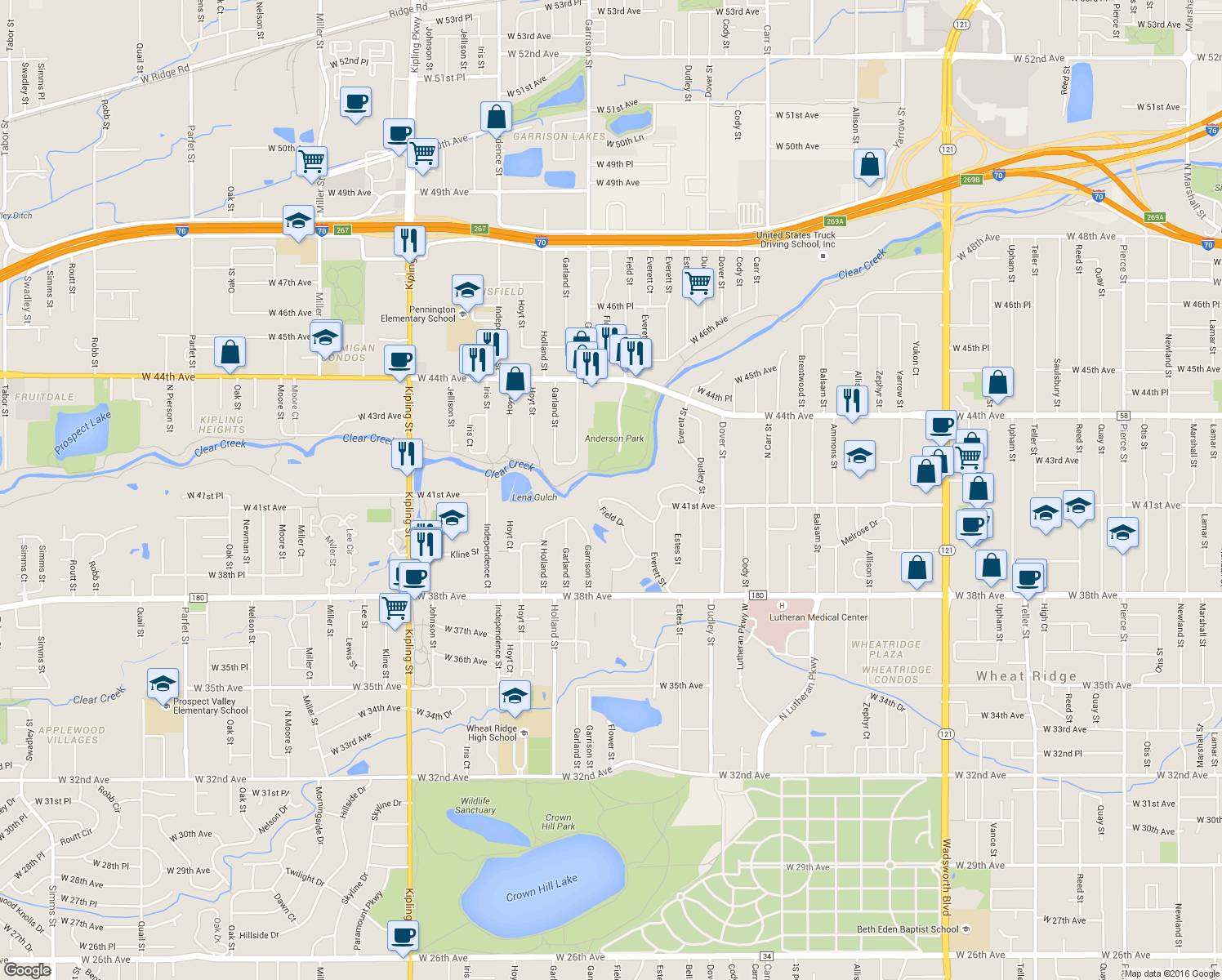 map of restaurants, bars, coffee shops, grocery stores, and more near 4083 Field Drive in Wheat Ridge