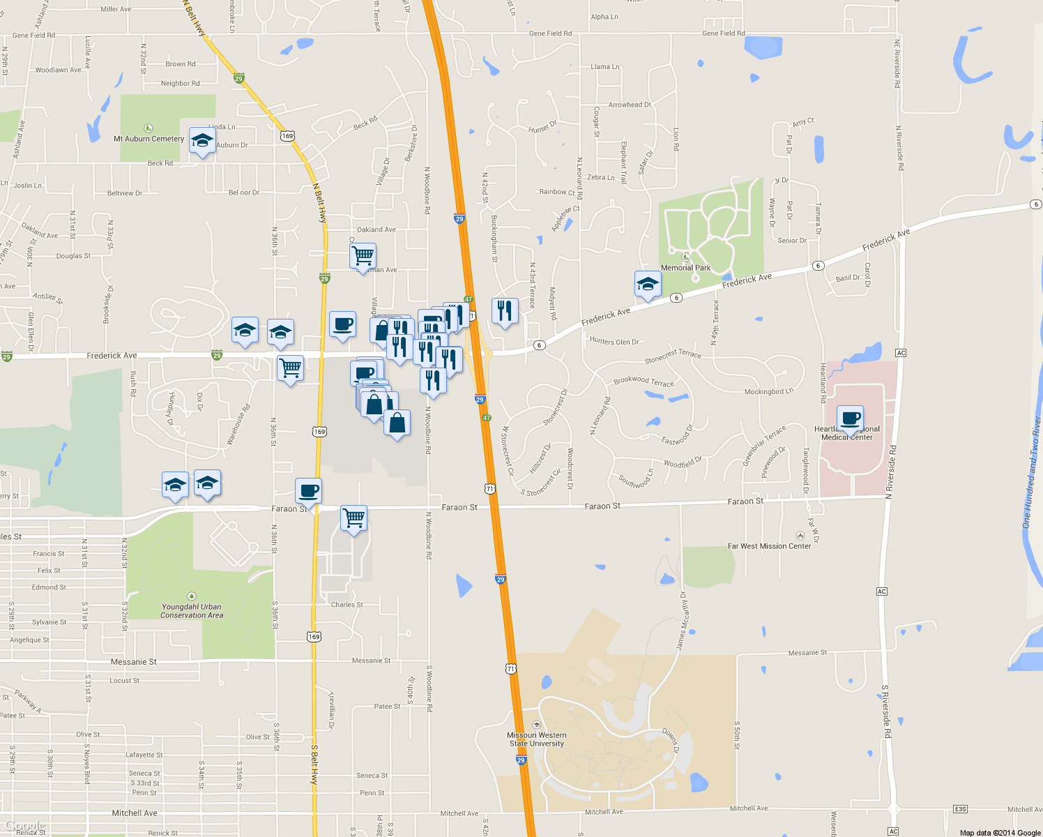 map of restaurants, bars, coffee shops, grocery stores, and more near 32 Stonecrest in St. Joseph