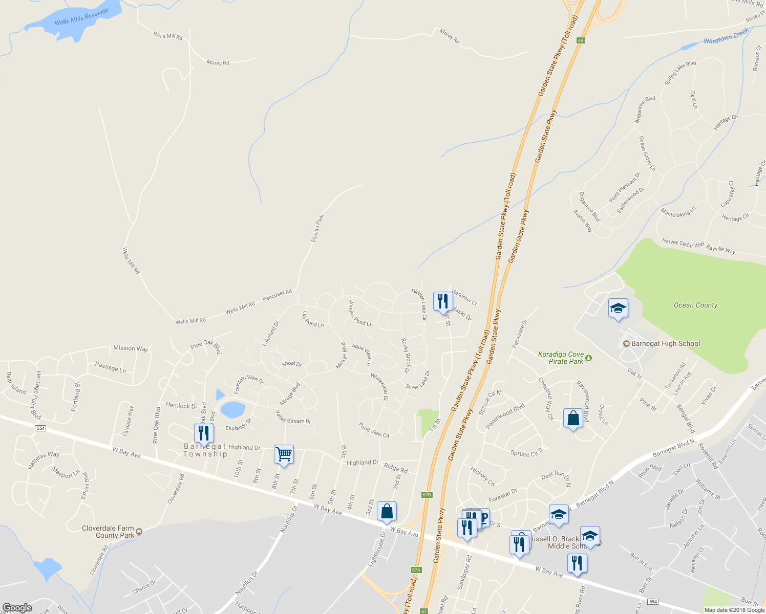 map of restaurants, bars, coffee shops, grocery stores, and more near 223 Mirage Boulevard in Barnegat Township