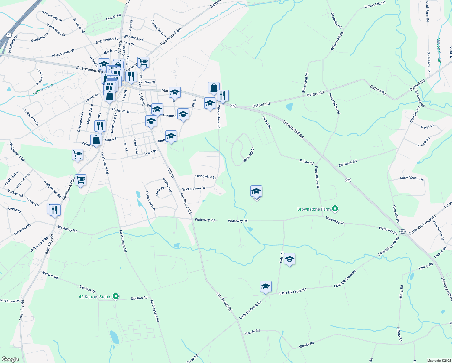 map of restaurants, bars, coffee shops, grocery stores, and more near 205 Wickersham Rd in Oxford