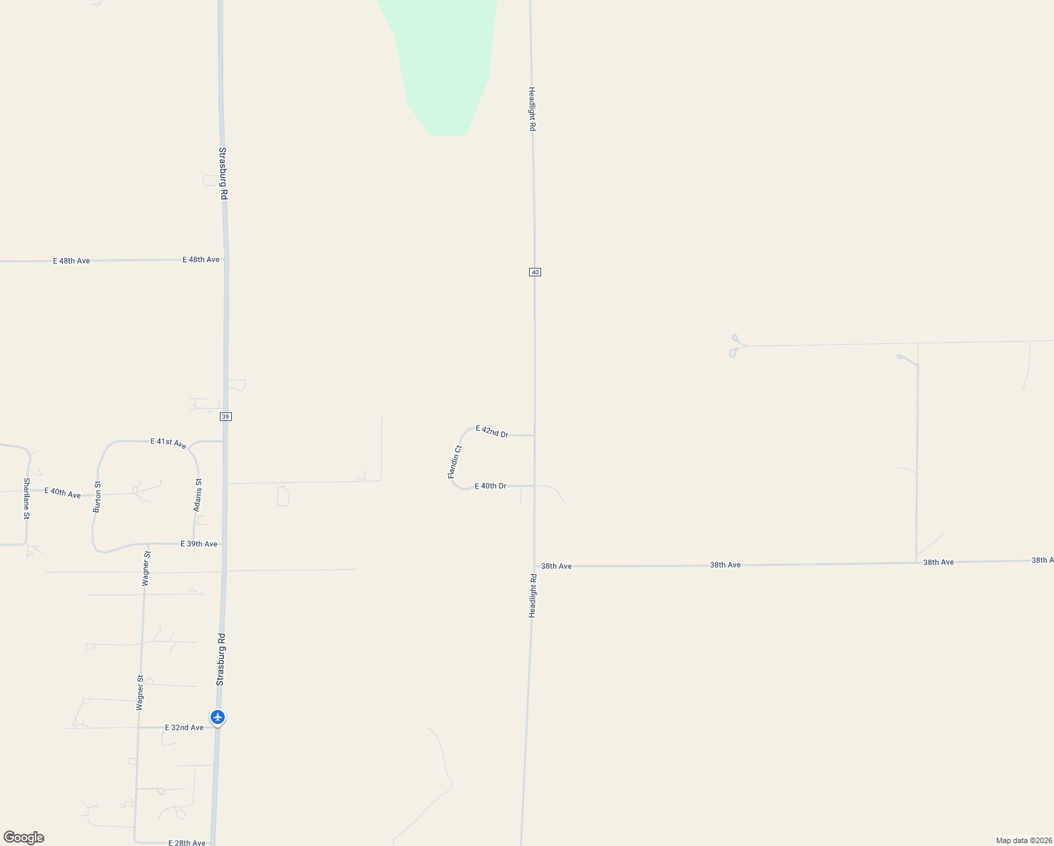 map of restaurants, bars, coffee shops, grocery stores, and more near 58413 East 42nd Drive in Strasburg