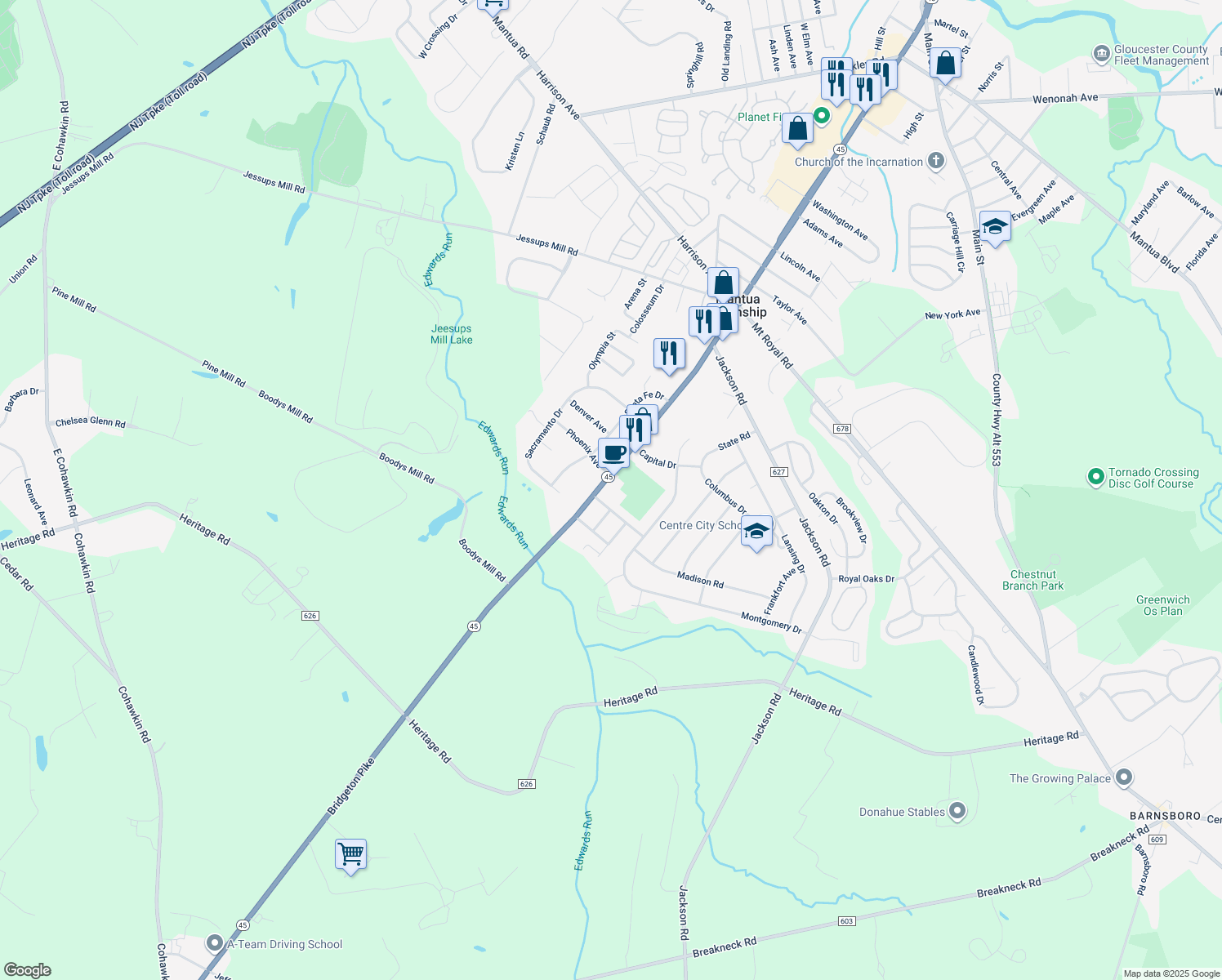 map of restaurants, bars, coffee shops, grocery stores, and more near 675 Bridgeton Pike in Mantua
