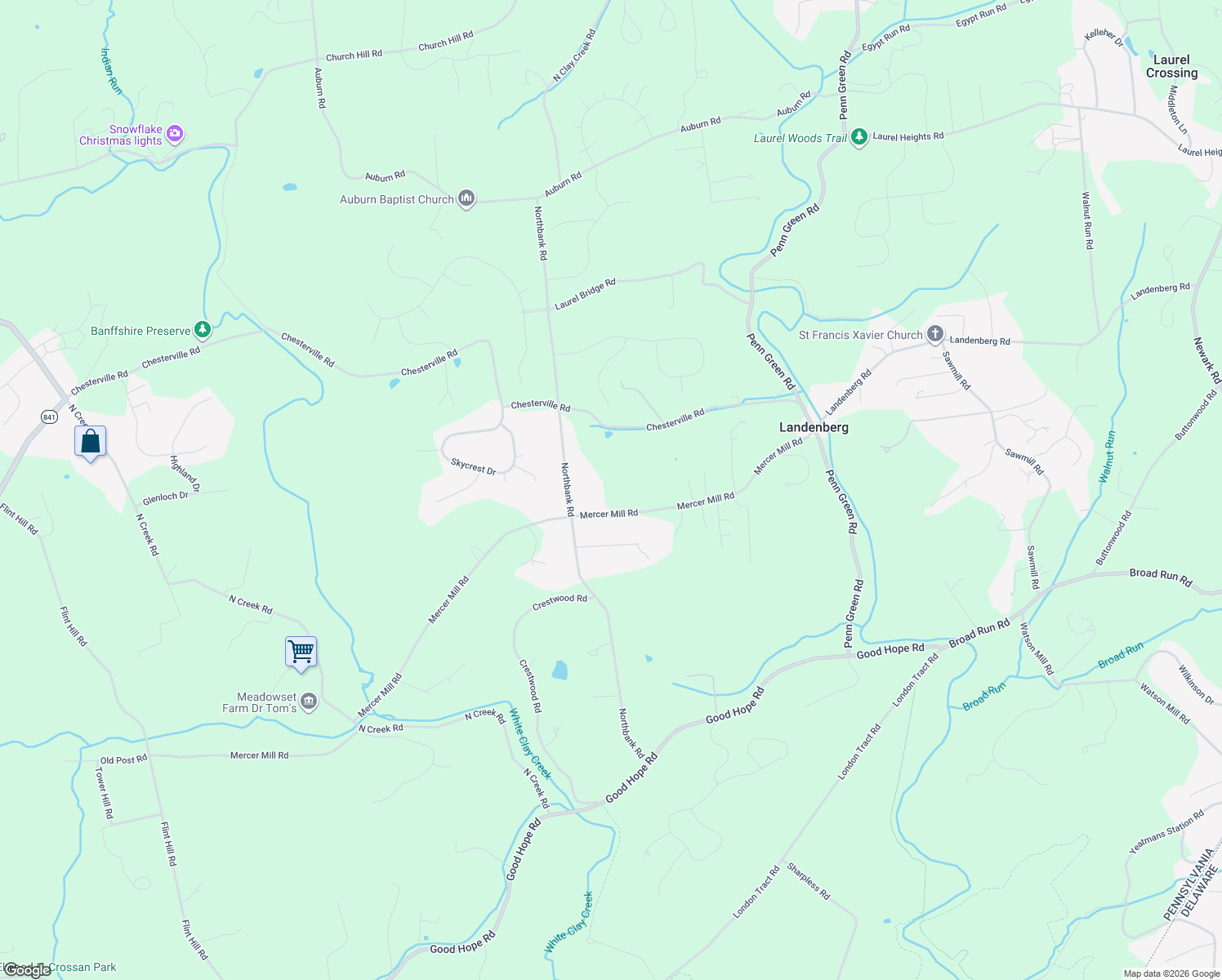 map of restaurants, bars, coffee shops, grocery stores, and more near 193 Mercer Mill Road in Landenberg