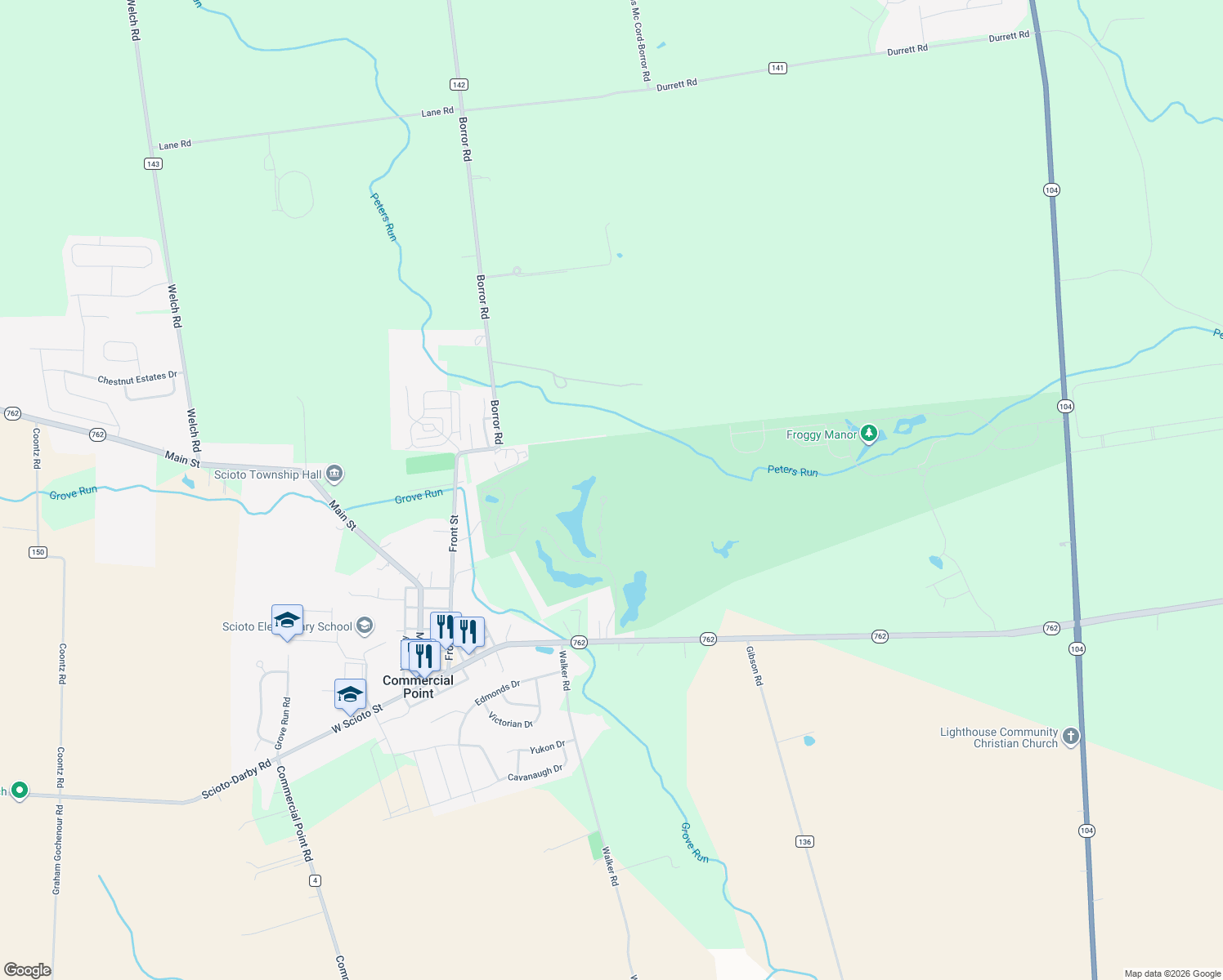 map of restaurants, bars, coffee shops, grocery stores, and more near 236 Players Club Court in Commercial Point
