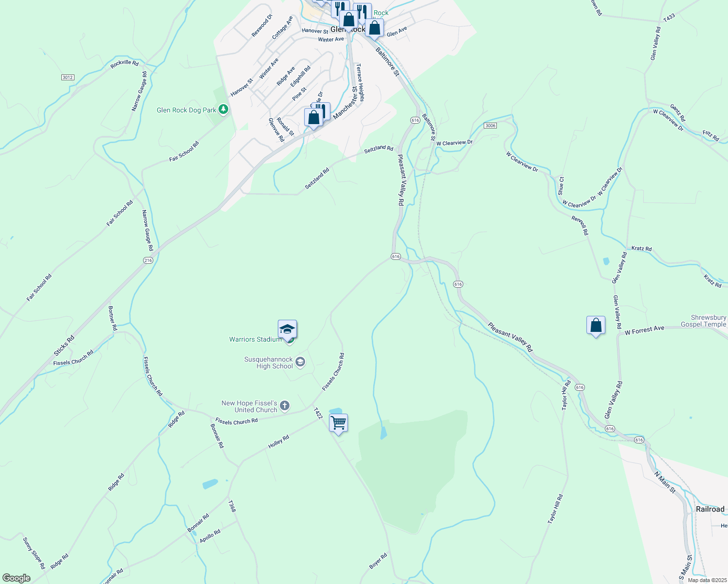 map of restaurants, bars, coffee shops, grocery stores, and more near 2643 Fissels Church Road in Glen Rock