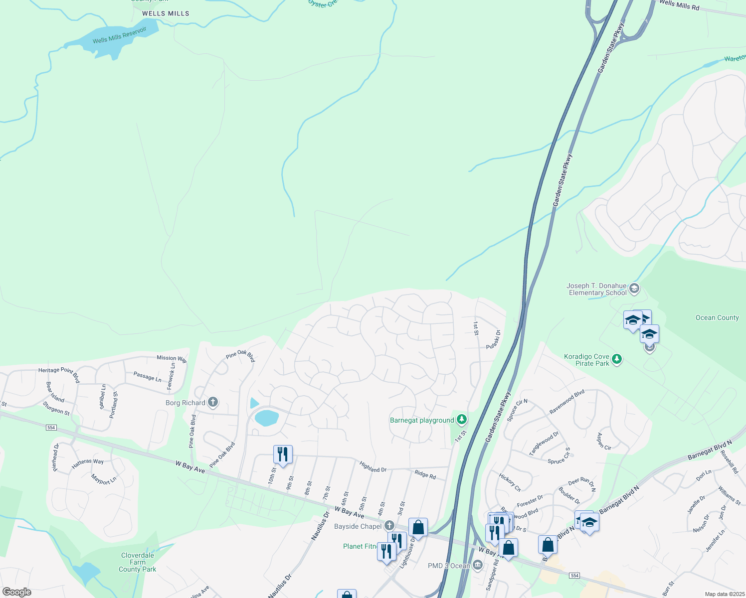 map of restaurants, bars, coffee shops, grocery stores, and more near 6 Running Brook Terrace in Barnegat Township