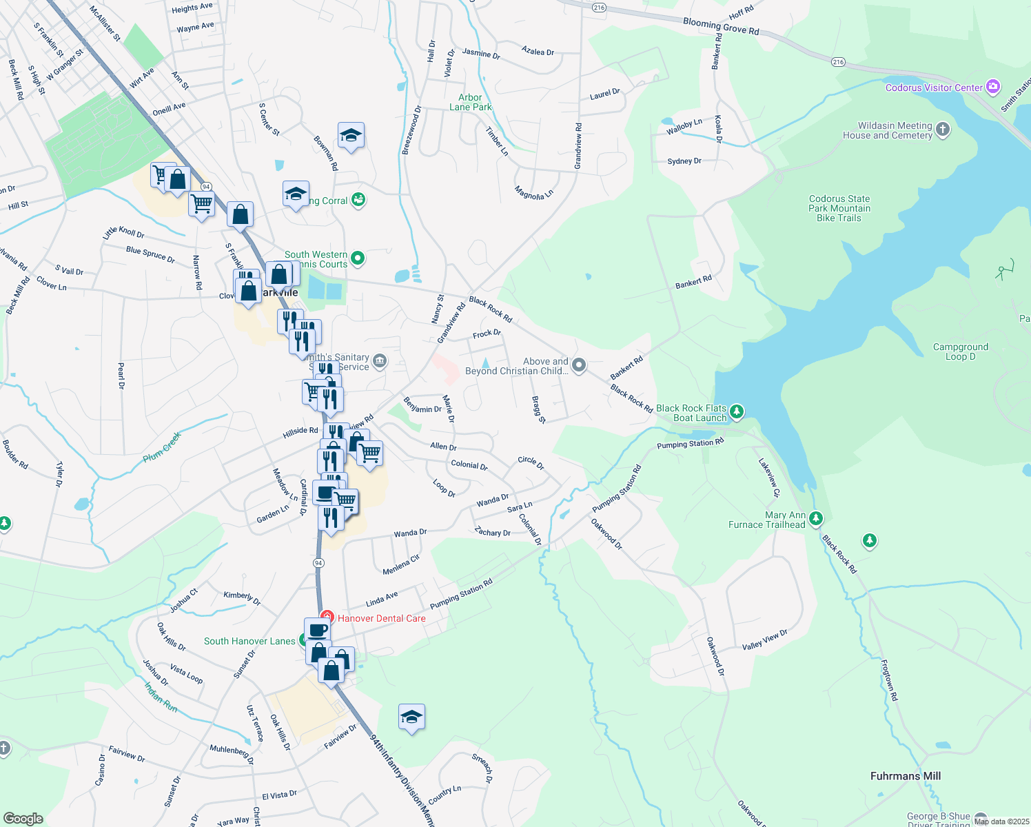 map of restaurants, bars, coffee shops, grocery stores, and more near 99 Frock Dr in Hanover