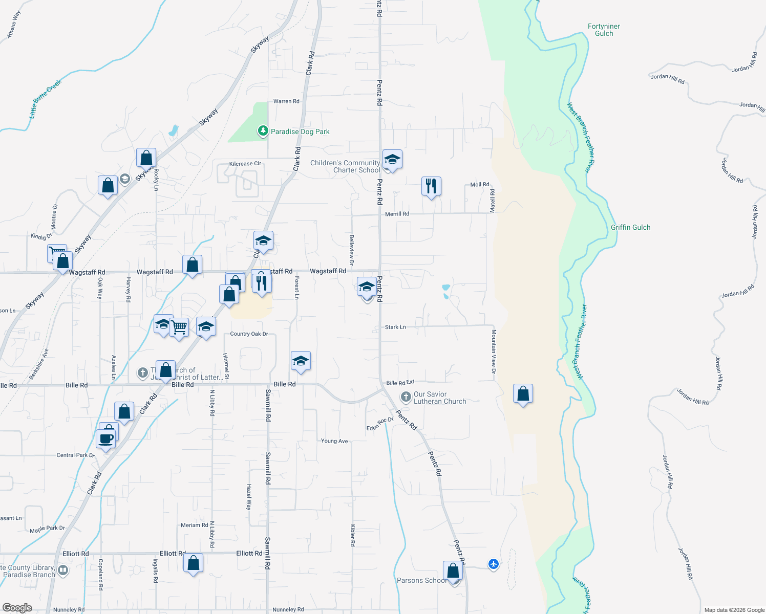 map of restaurants, bars, coffee shops, grocery stores, and more near 1732 Whitaker Road in Paradise