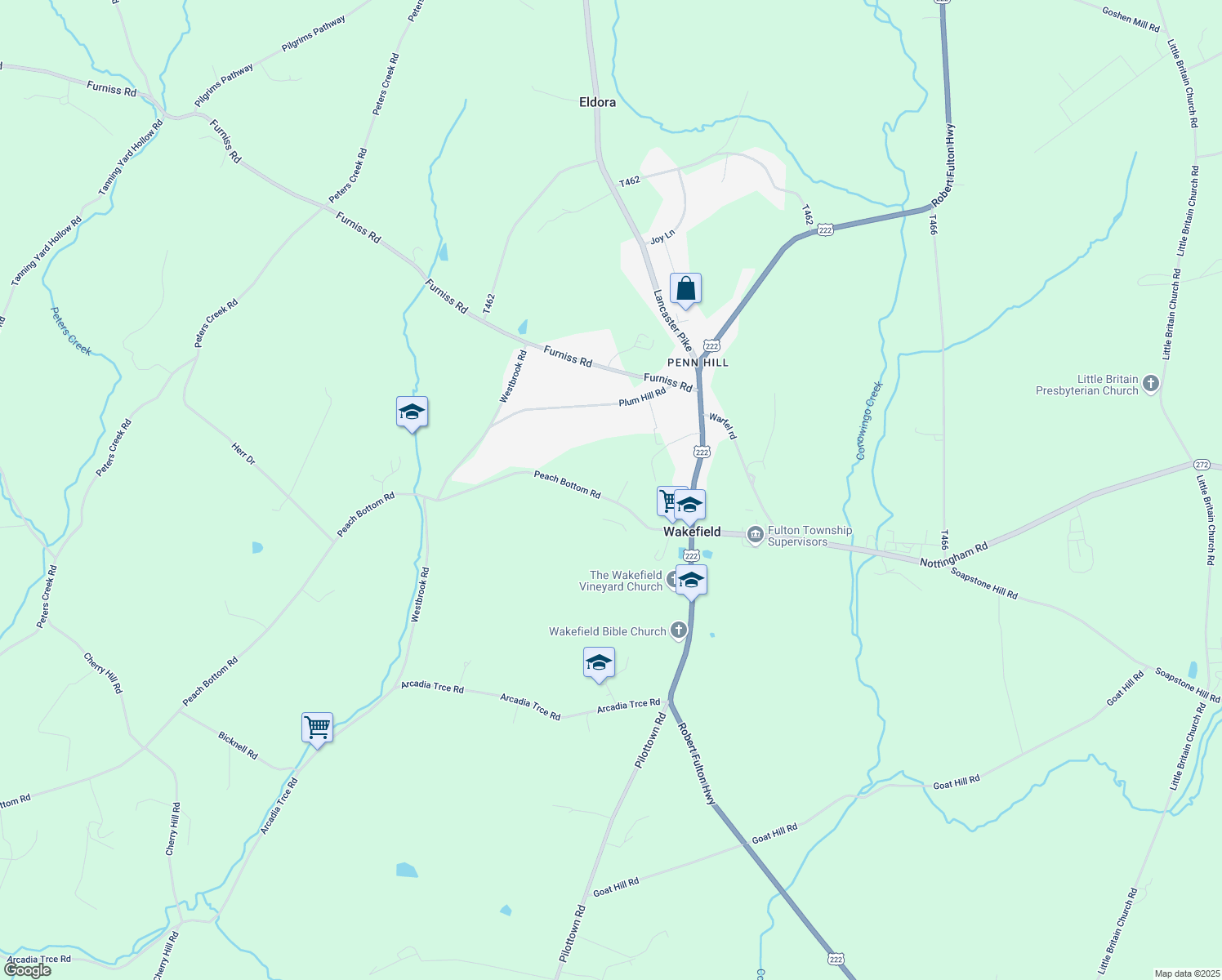 map of restaurants, bars, coffee shops, grocery stores, and more near 103 Pear Lane in Peach Bottom
