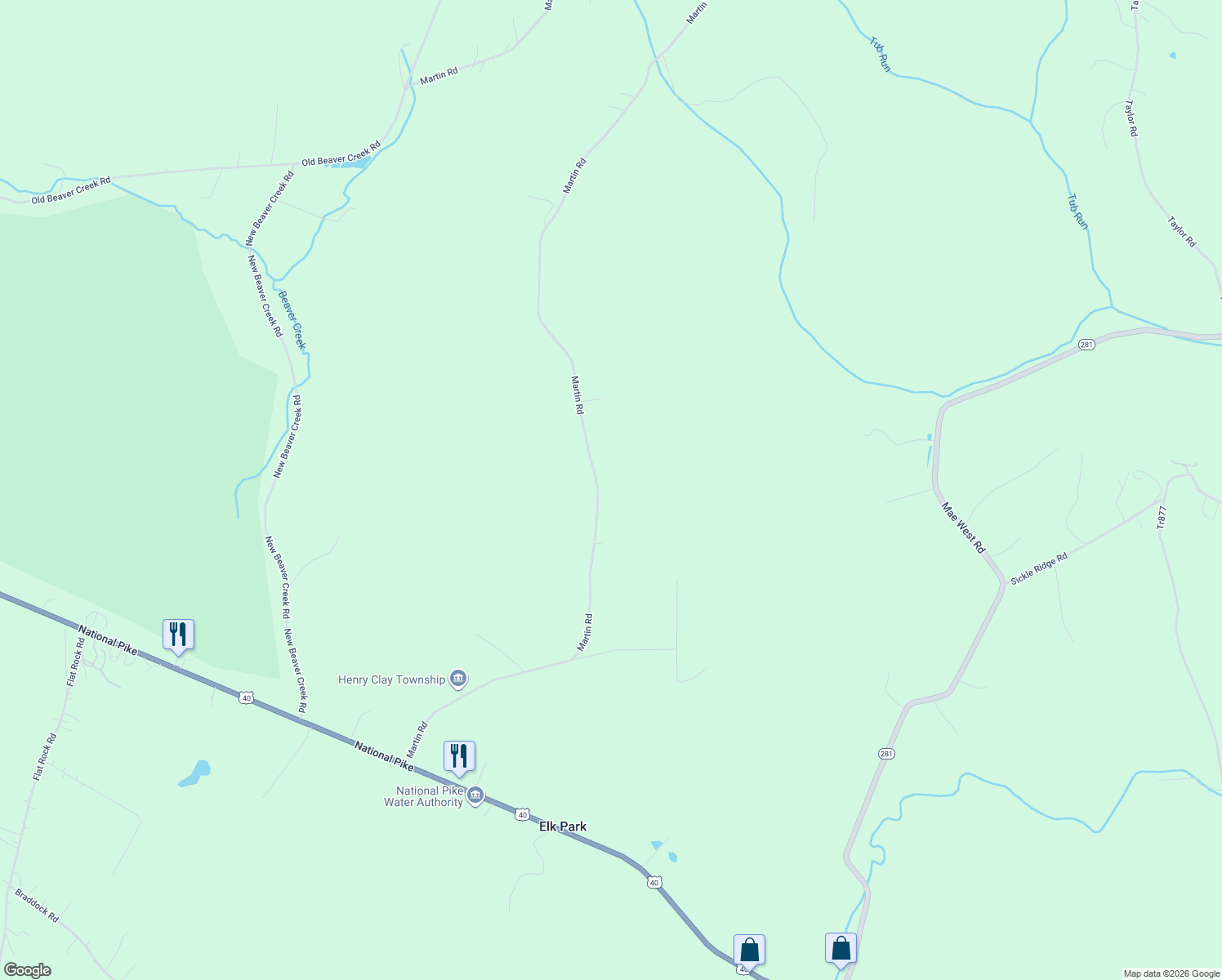 map of restaurants, bars, coffee shops, grocery stores, and more near 319 Martin Rd in Markleysburg