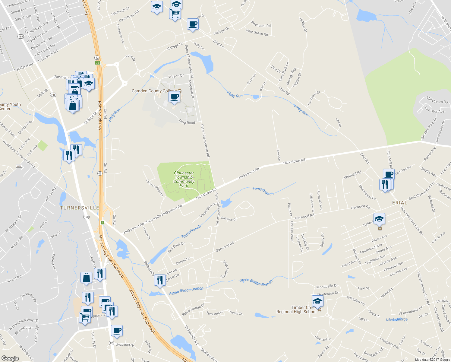 map of restaurants, bars, coffee shops, grocery stores, and more near 548 Hickstown Road in Sicklerville