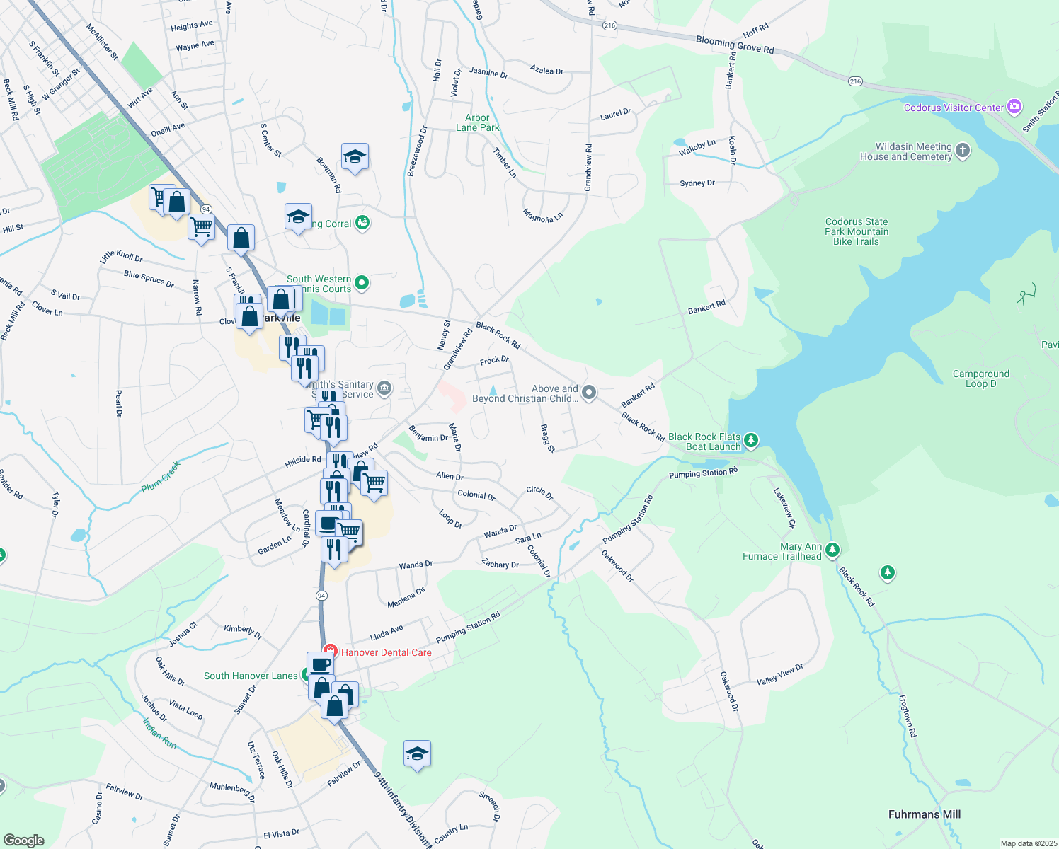 map of restaurants, bars, coffee shops, grocery stores, and more near 90 Frock Drive in Hanover