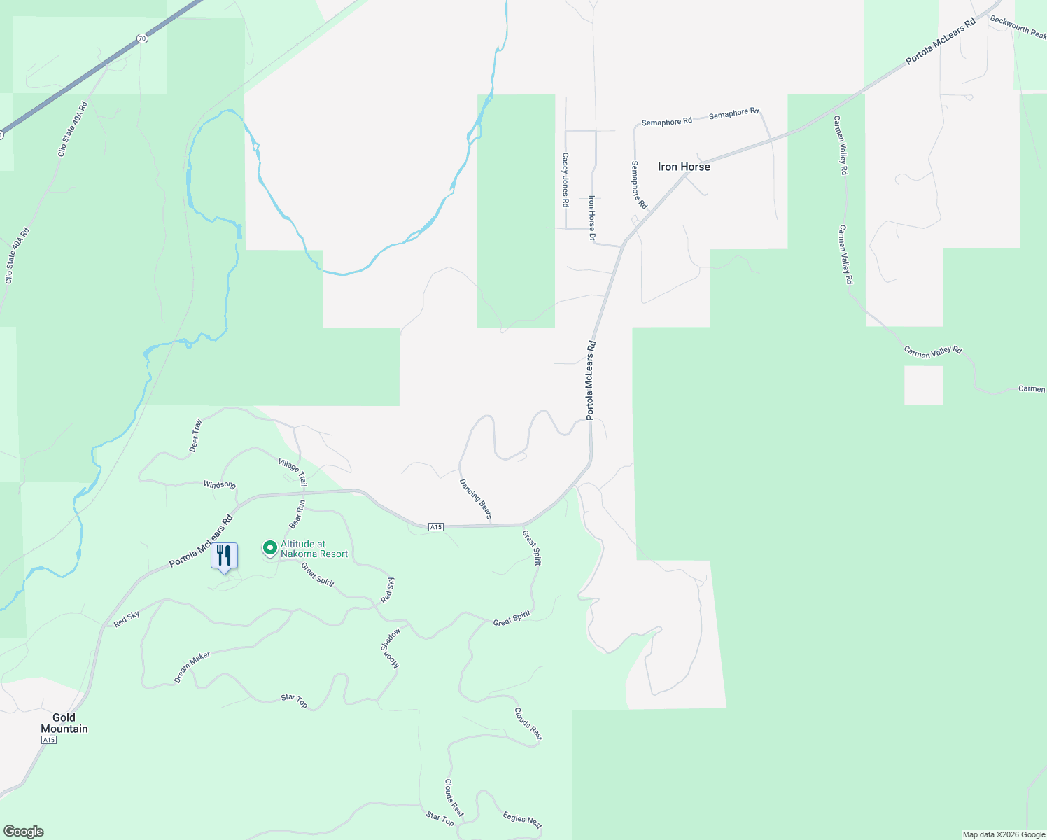 map of restaurants, bars, coffee shops, grocery stores, and more near 4857 Twin Peaks Road in Portola